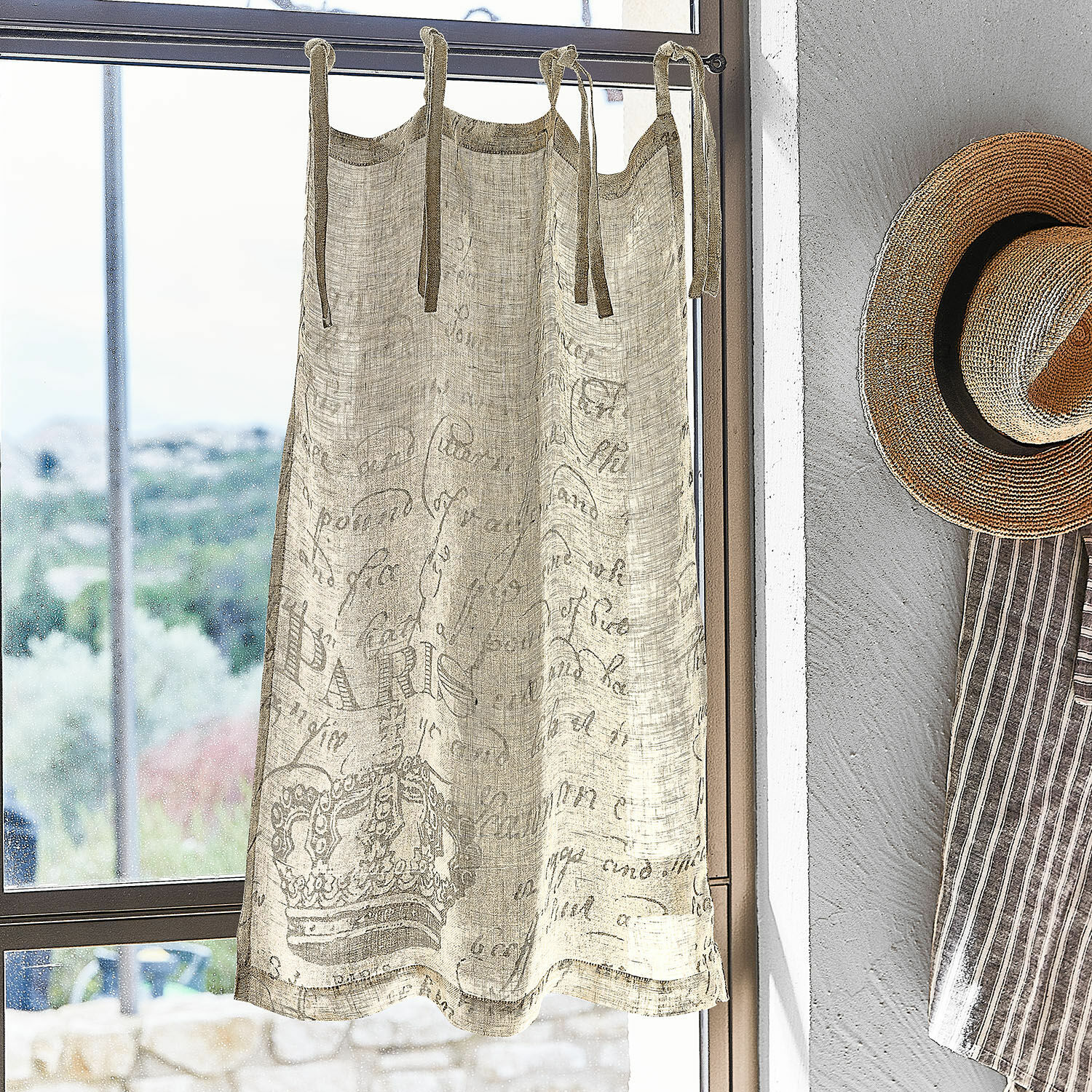 Scheibengardine Fleurissant Beige Leinen-Vorhang mit Kronen- und Paris-Schriftzug, vintage Fensterdekoration