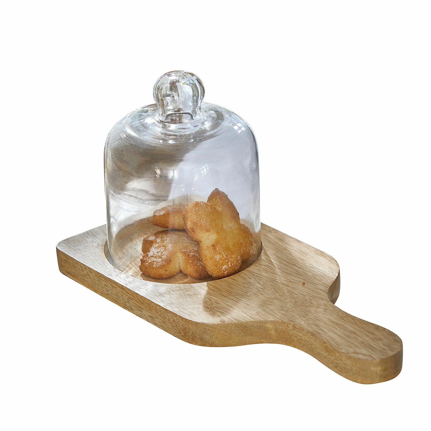 Holzbrett mit transparenter Glasglocke und Keksen darunter als Küchenaccessoire
