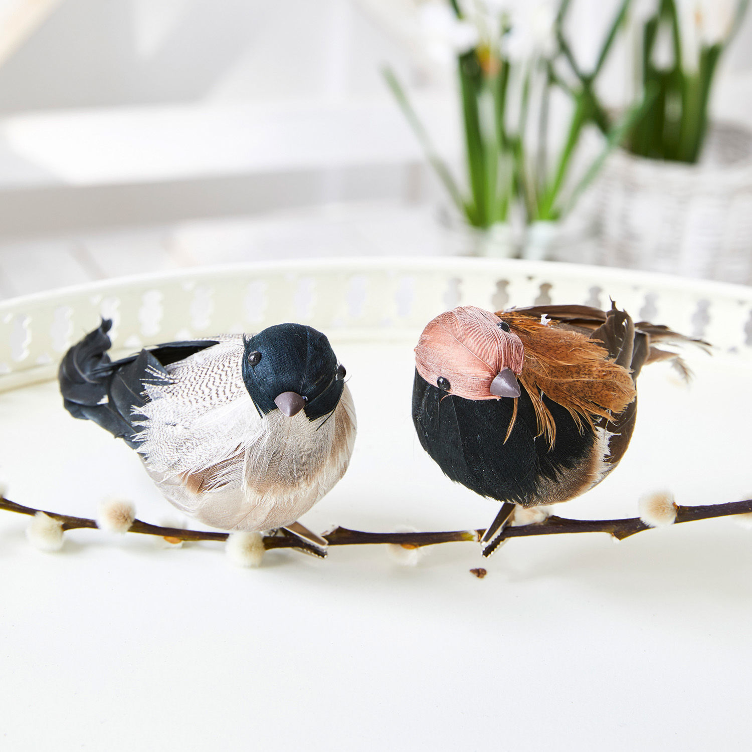 Dekorative Vögel aus Federn in natürlichen Farben auf Zweig, stilvolle Wohnraumdekoration
