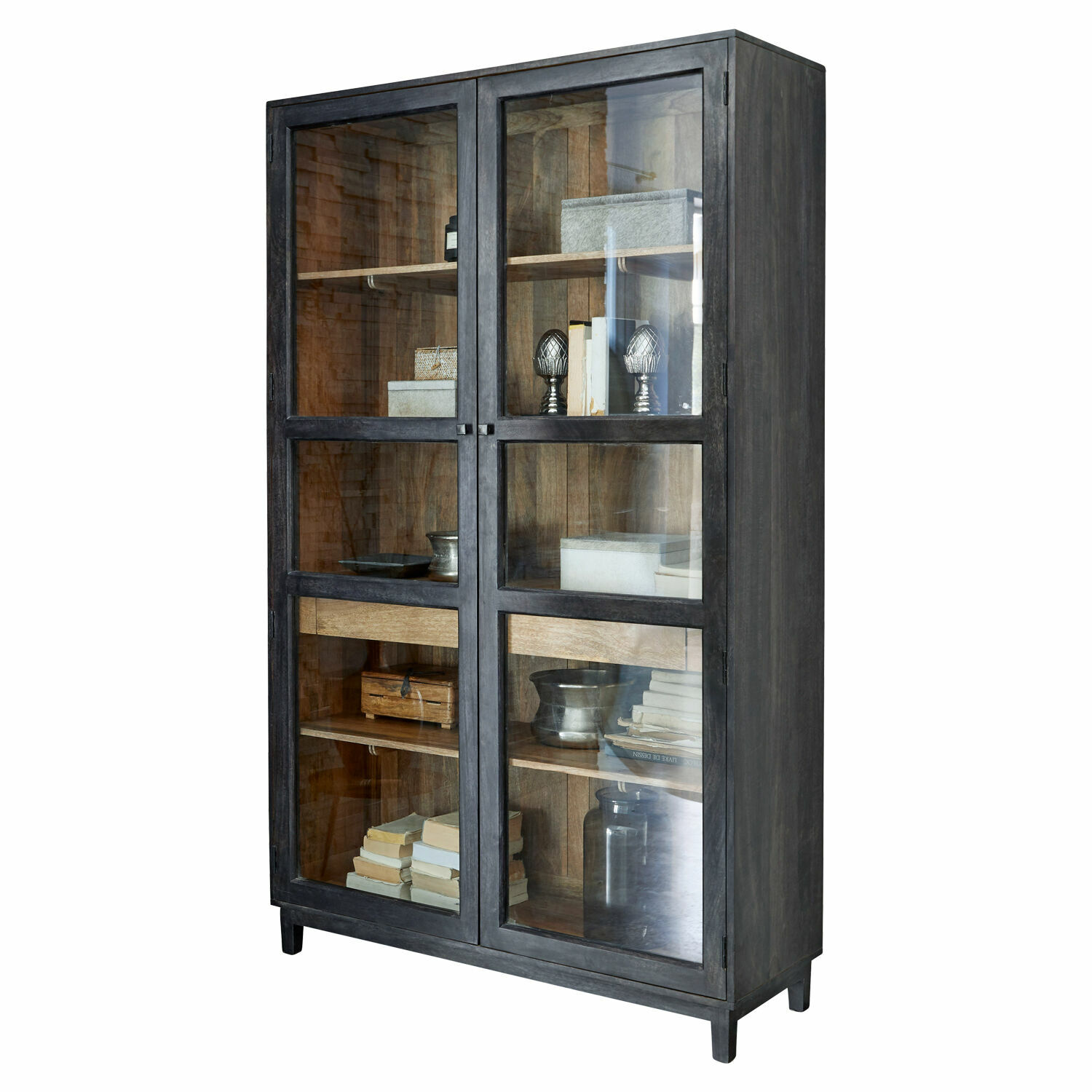Schrank Altagracia Schwarze Metallvitrine mit Glastüren und Holzregalen zur Aufbewahrung von Büchern und Dekorationen