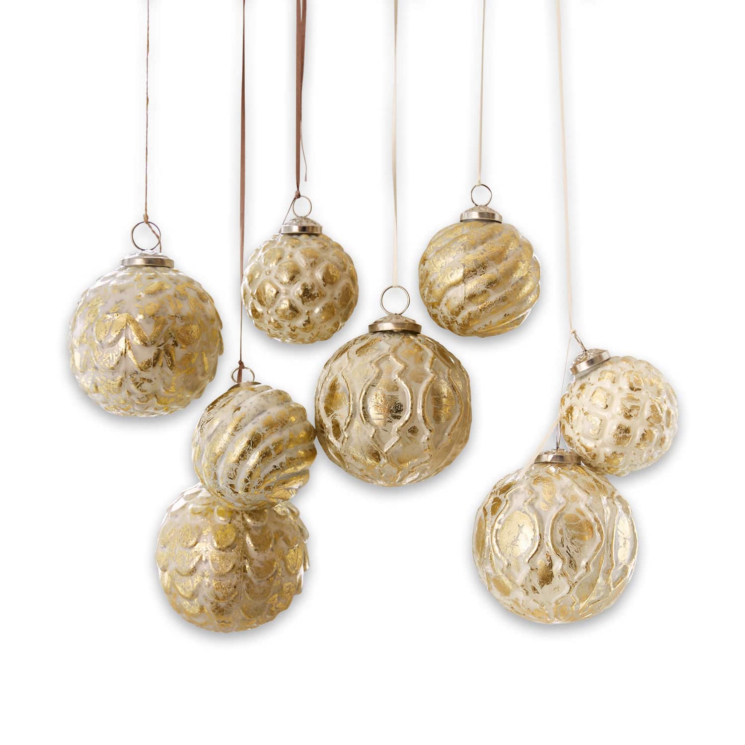 Weihnachtsschmuck 8er Set Imogen Set aus gold-weißen Glas-Weihnachtskugeln mit verschiedenen Mustern zur Baumdekoration