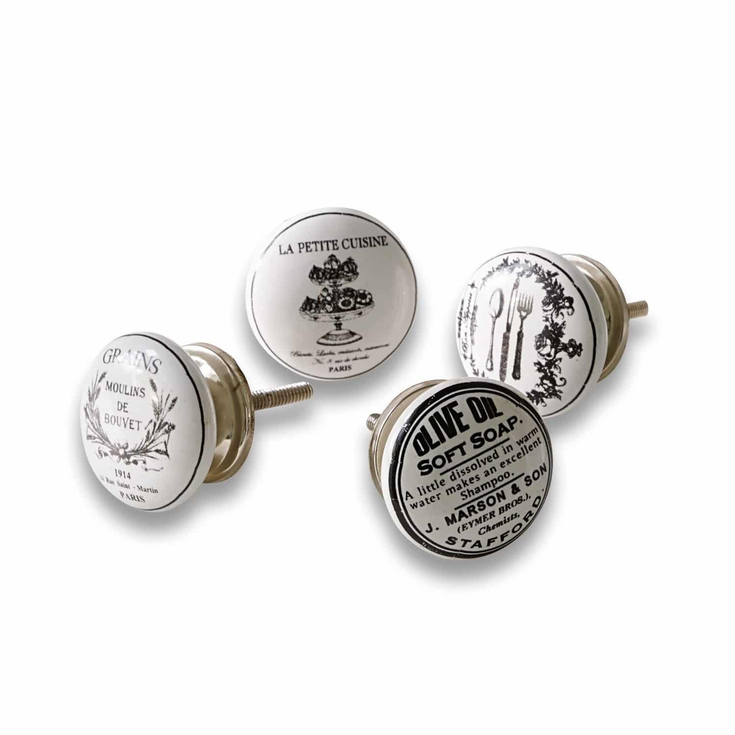 Set aus 4 weißen Keramik-Möbelknöpfen mit schwarzen Vintage-Motiven für Wohnraumdekoration