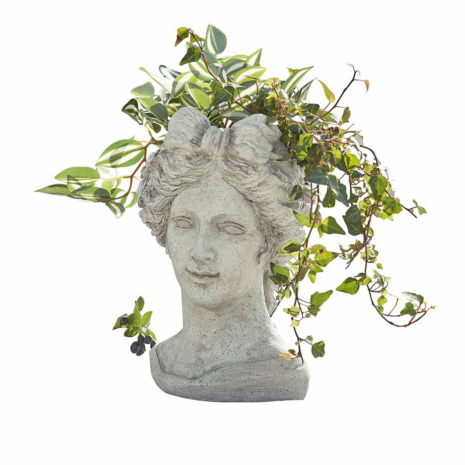 Übertopf Cassiopeia Blumenvase in Form eines Frauenkopfs aus grauem Stein mit grünen Pflanzen, Gartendekor