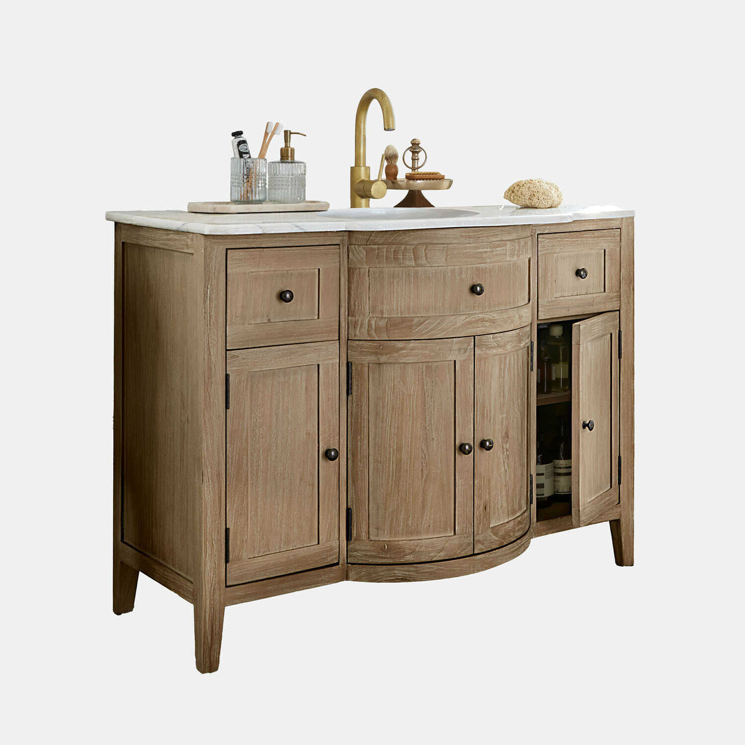 Waschtisch Bois Serein Holz-Badezimmerschrank mit Marmorplatte und goldfarbenem Wasserhahn, natürliche Badezimmeraccessoires