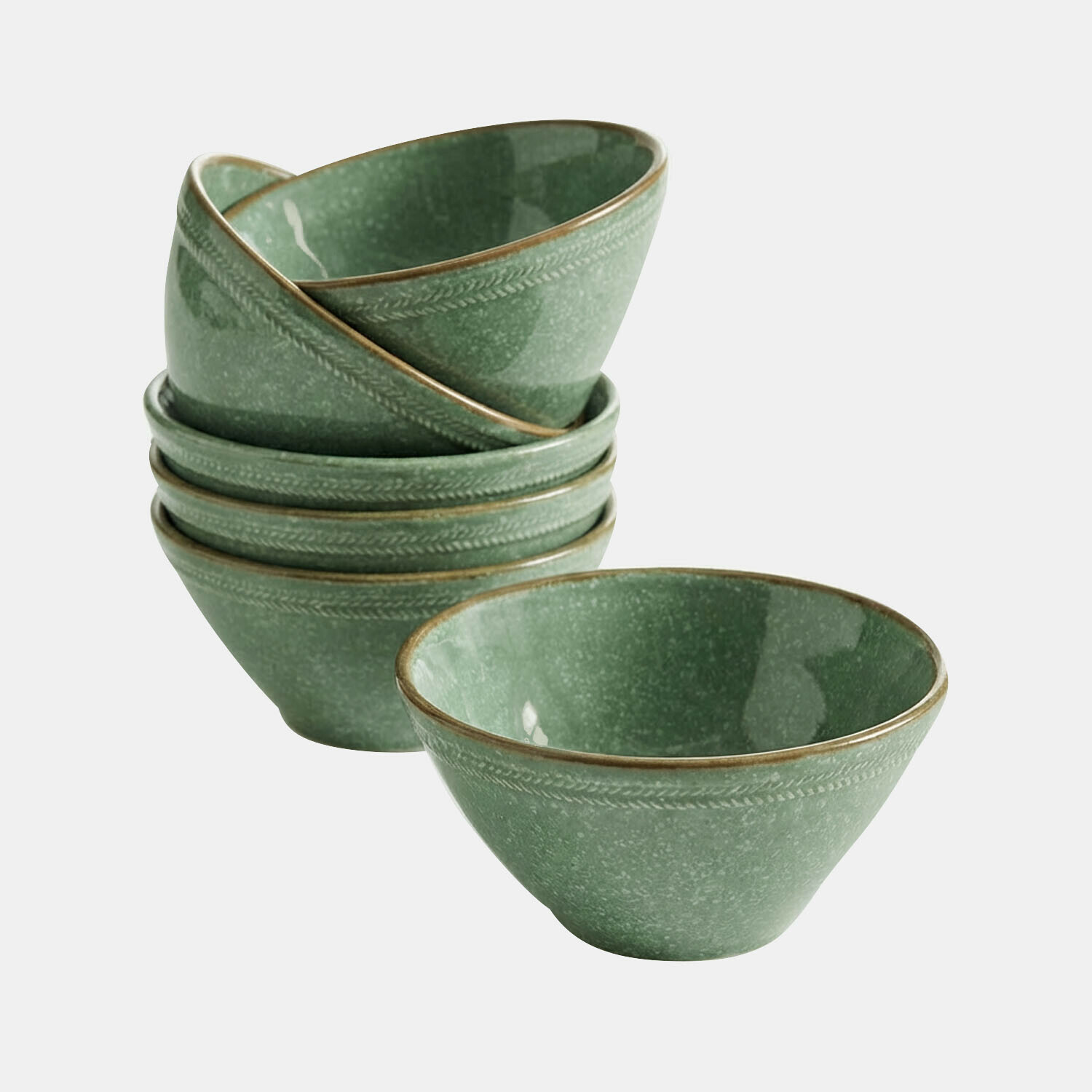 6-teiliges Set grüne Keramikschüsseln Norrvik mit feinem Muster und braunem Rand zum Servieren