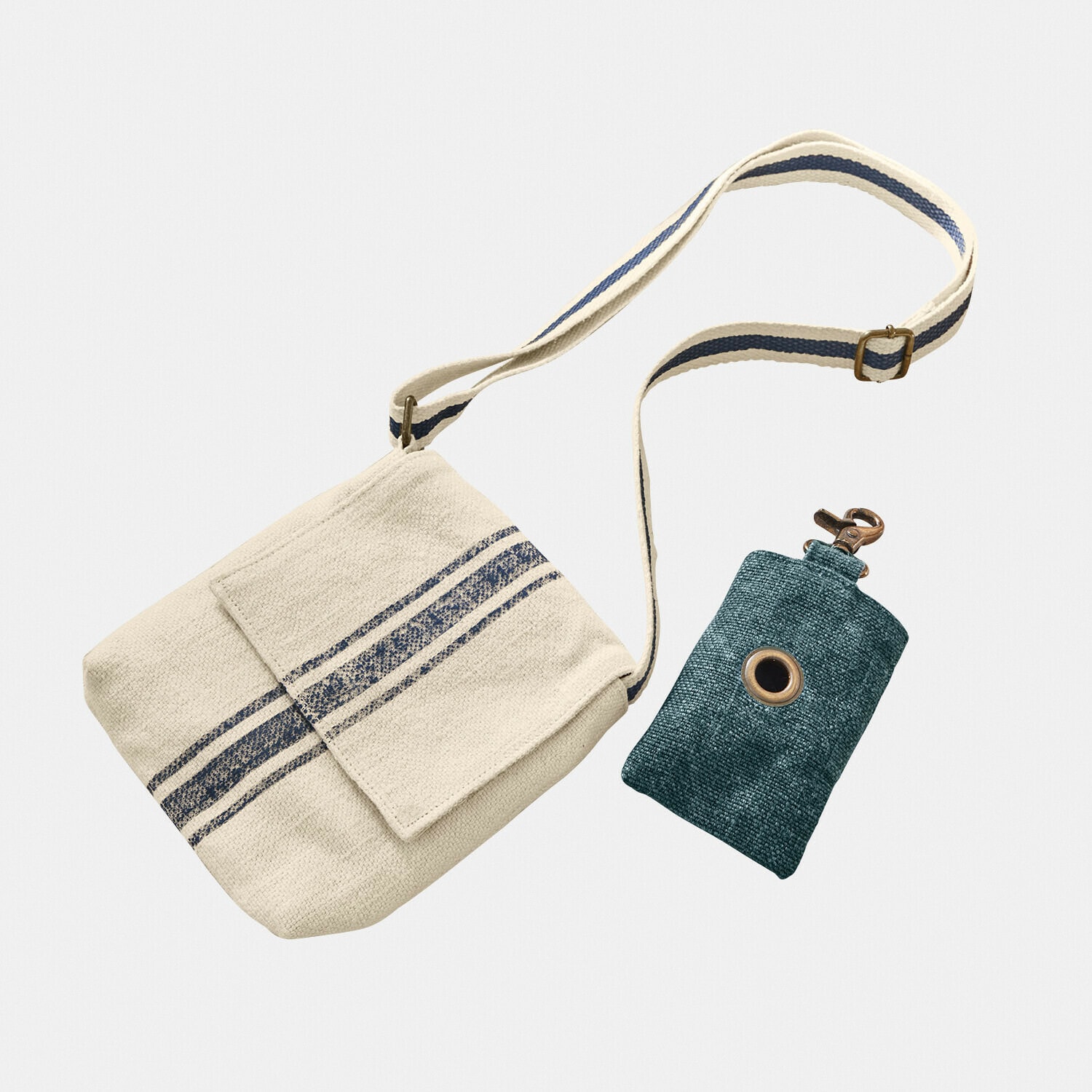 Täschchen 2er Set Pawera Beige Baumwoll-Umhängetasche mit blauen Streifen und grünem Schlüssel-Etui mit Karabiner