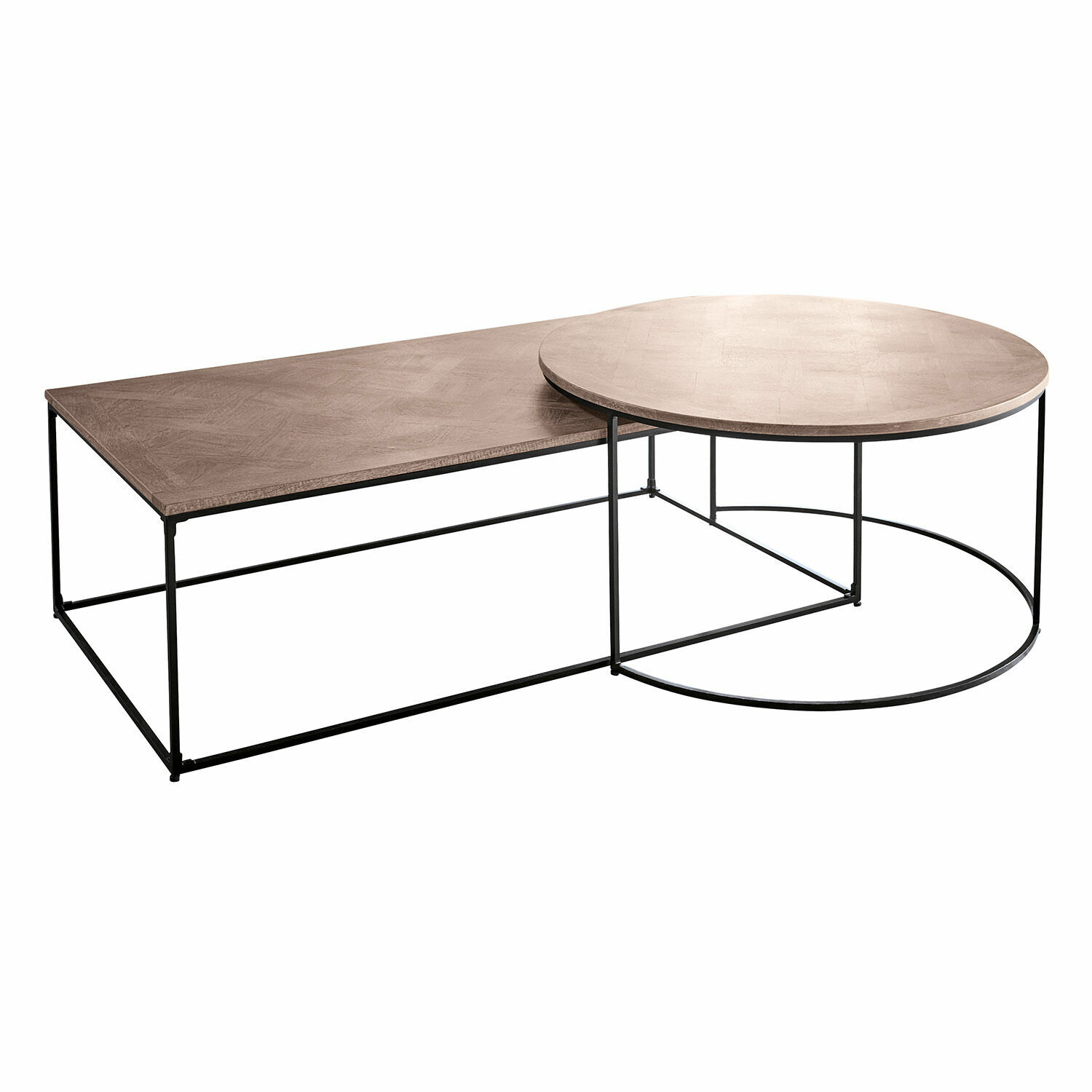 Zweier-Set Couchtische mit Holzplatte und schwarzem Metallgestell, modernes Design