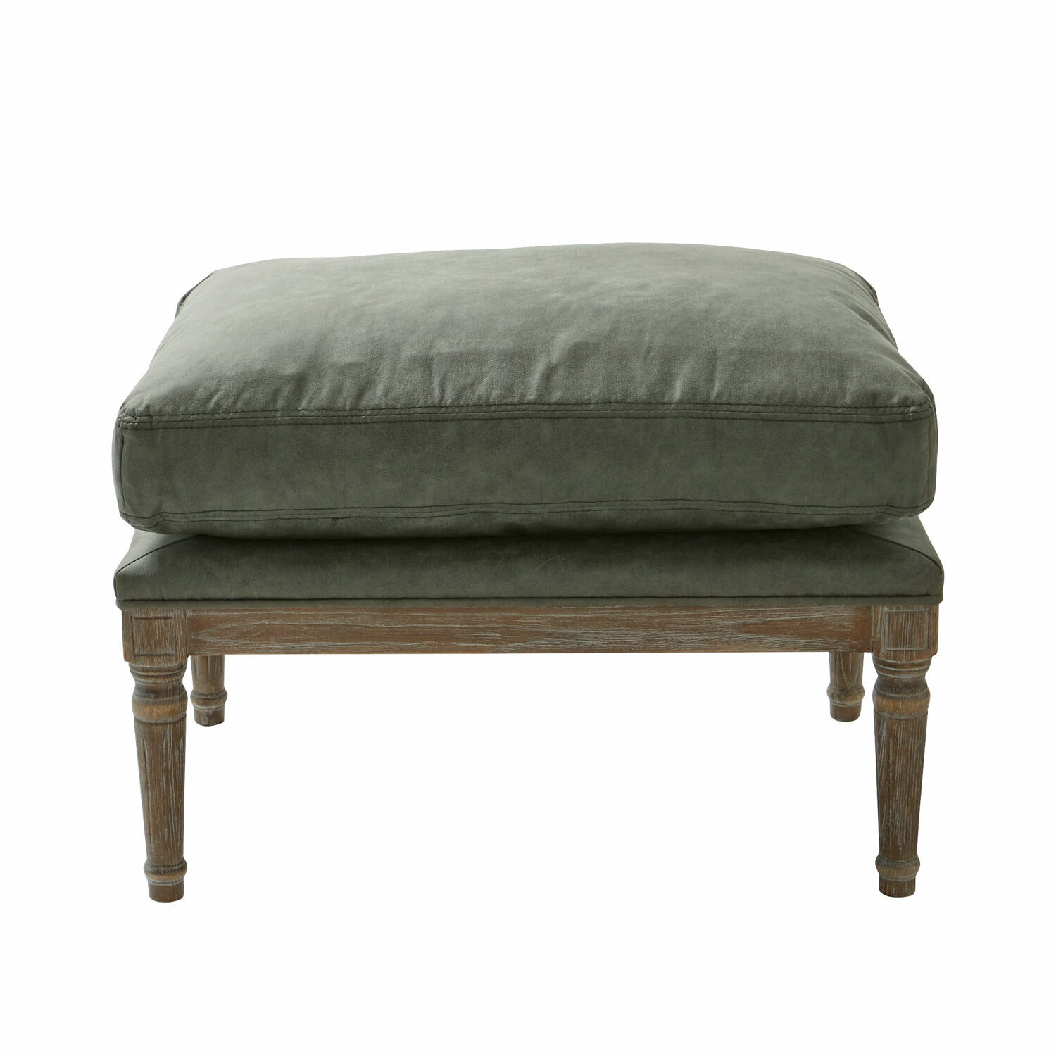 antikbraun/grün Hocker Greenbrier mit grauem Stoffbezug und Holzrahmen, stilvolles Wohnzimmermöbel