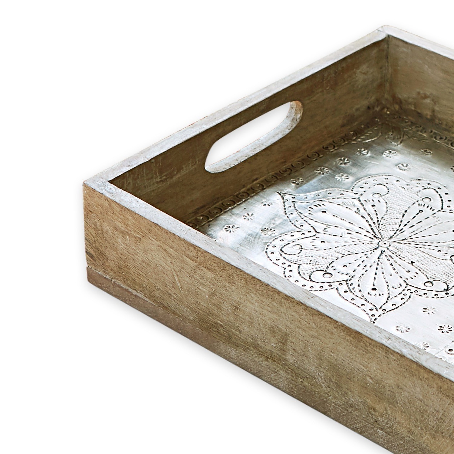 Holztablett mit silbernem Metallboden und floralem Muster, praktisches Wohnaccessoire