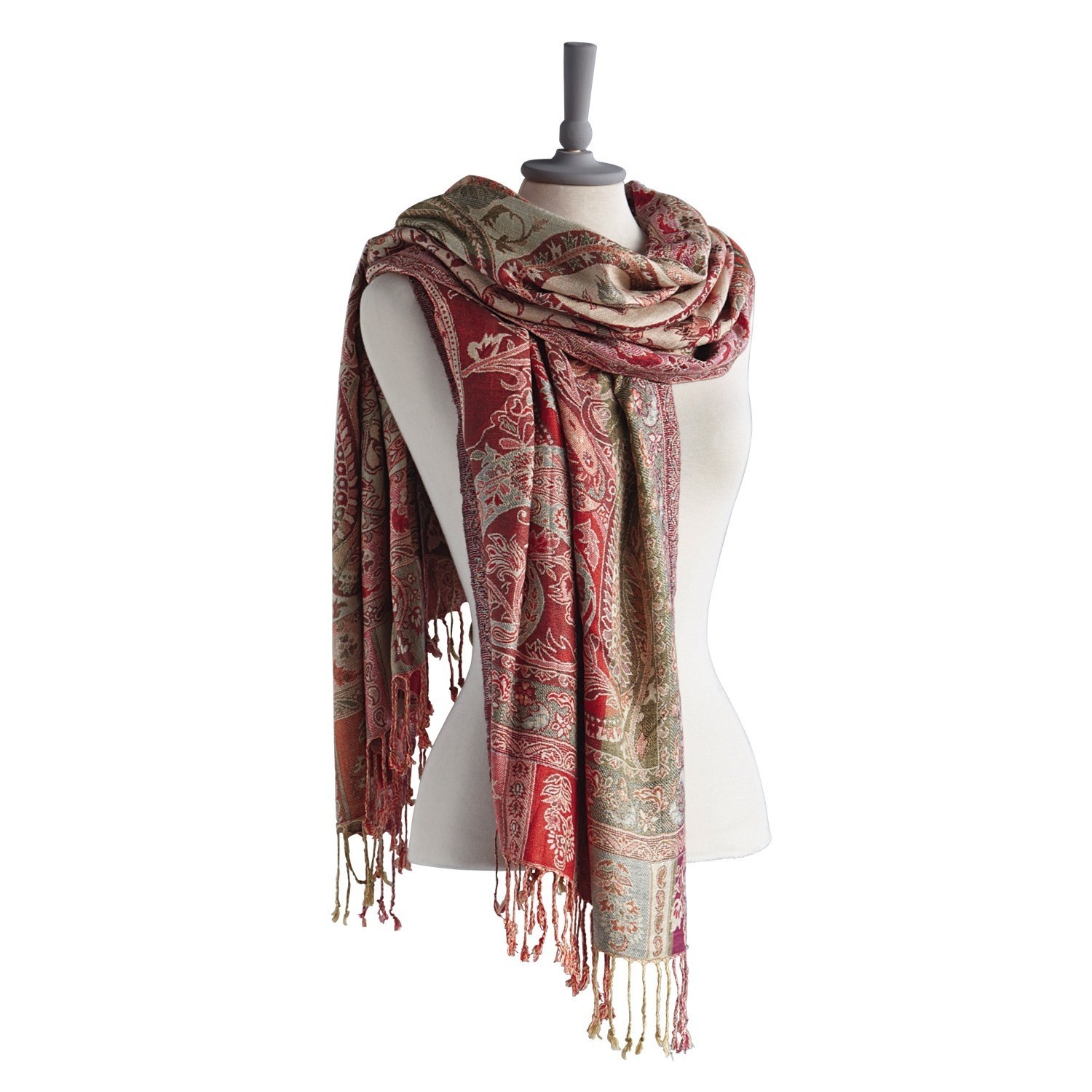 Roter und grüner Paisley-Schal mit Fransen, weiches Material, modisches Accessoire für kühle Tage