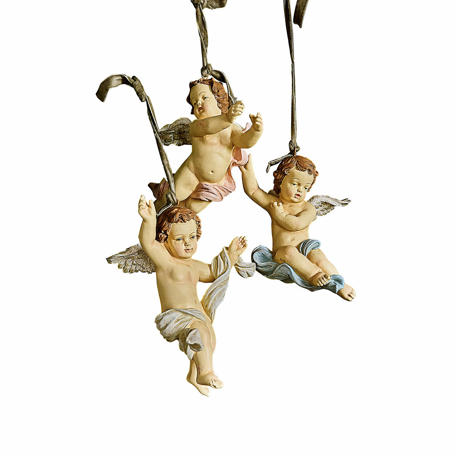Hängende Engel-Figuren aus Kunststoff in Pastellfarben als festliche Dekoration