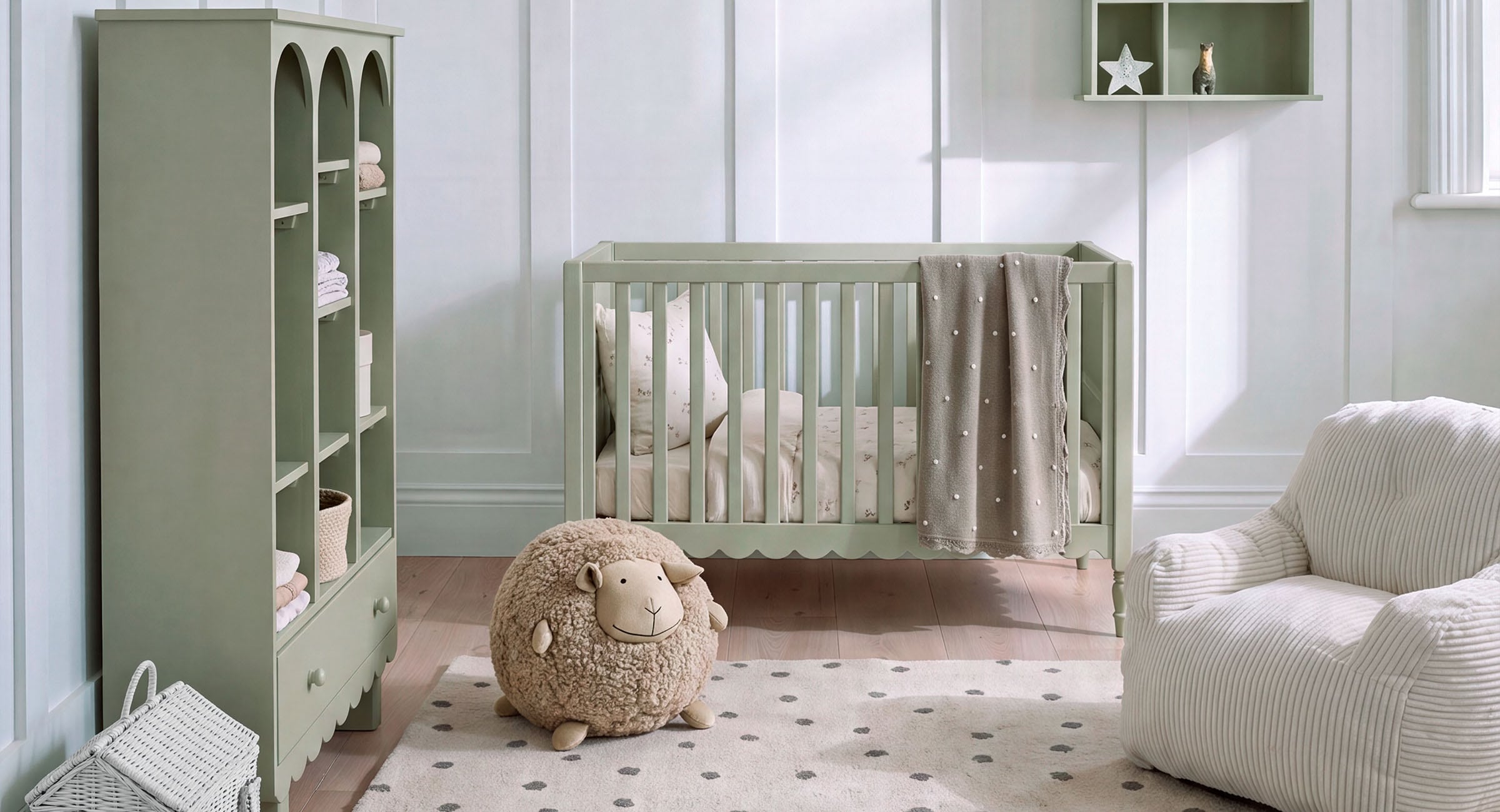 Kinderzimmer mit grünem Babybett, Regal und flauschigem Schaf-Kuscheltier auf gepunktetem Teppich
