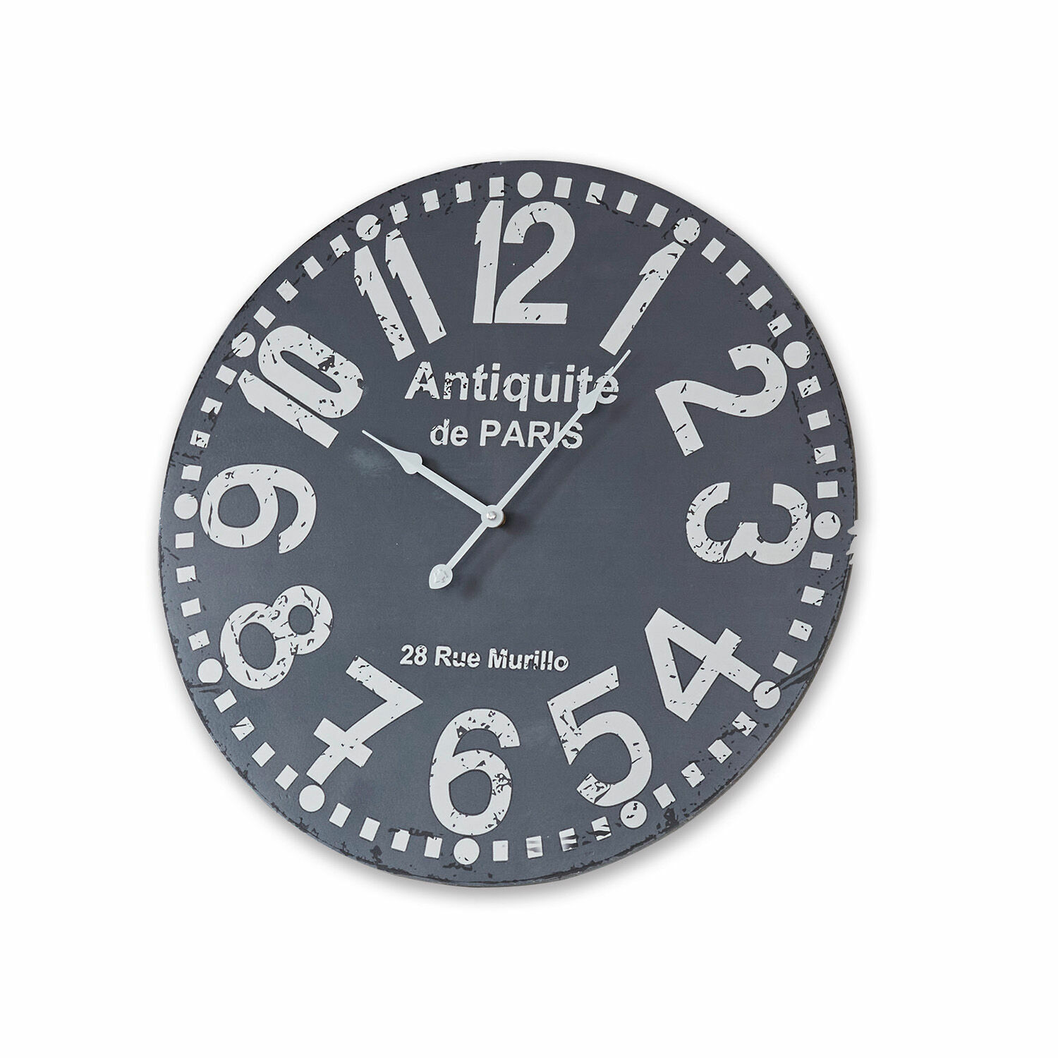 Runde Wanduhr aus Metall in Anthrazit mit weißen Zahlen und Paris-Schriftzug im Vintage-Stil