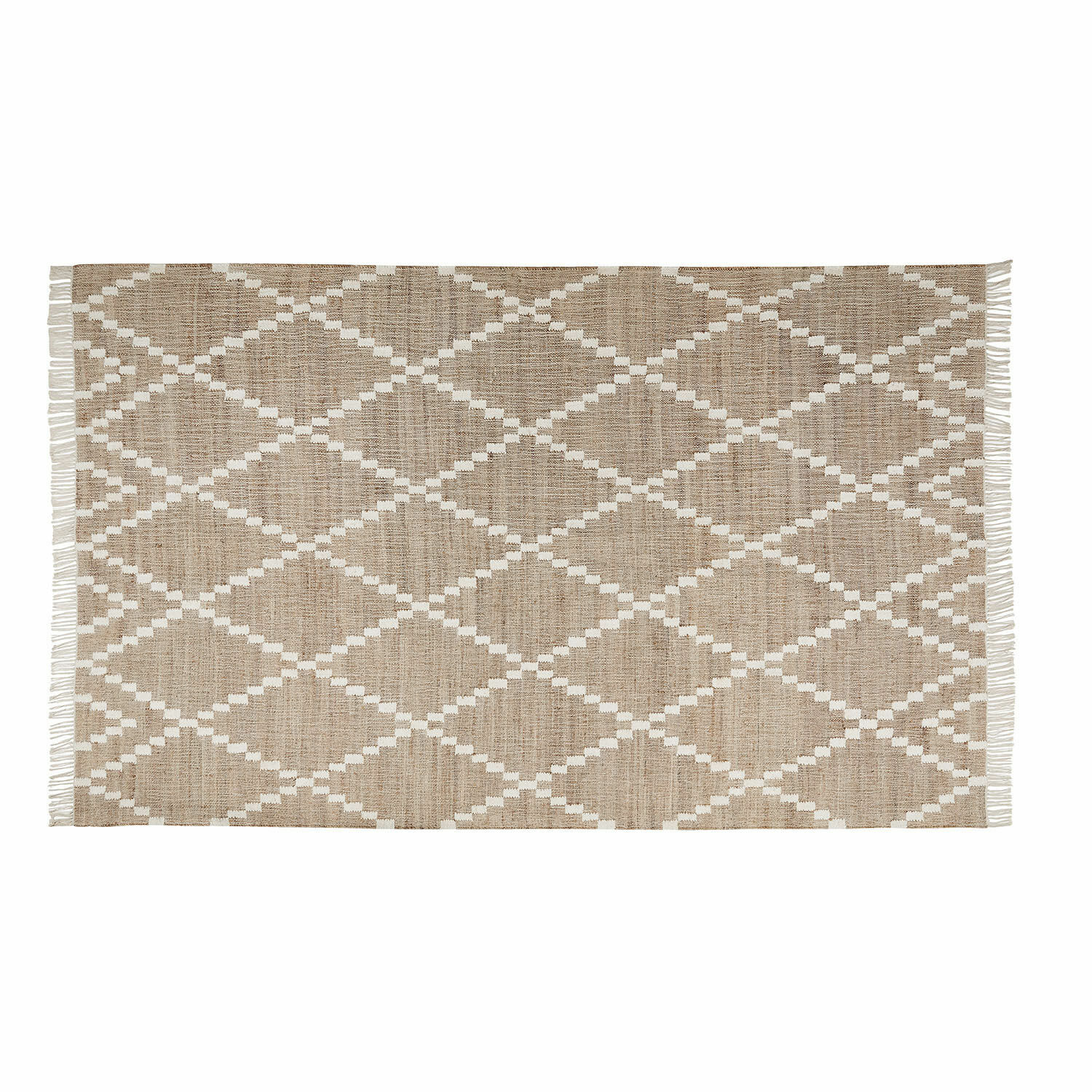 In- & Outdoorteppich Piera Beigefarbener Teppich mit geometrischem Muster und Fransen aus Naturmaterial, Wohnaccessoire