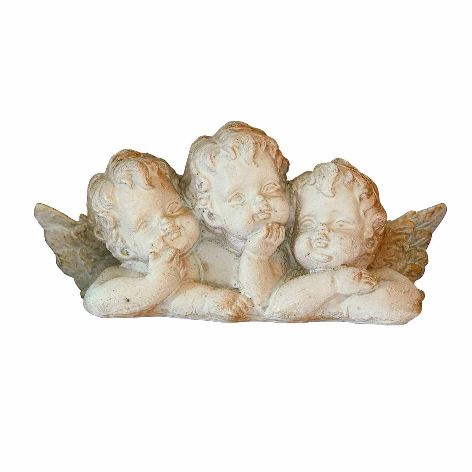 Deko-Engel Nivardo Figur mit drei weissen Engeln aus Keramik mit antikem Finish, dekorativ für Haus und Garten