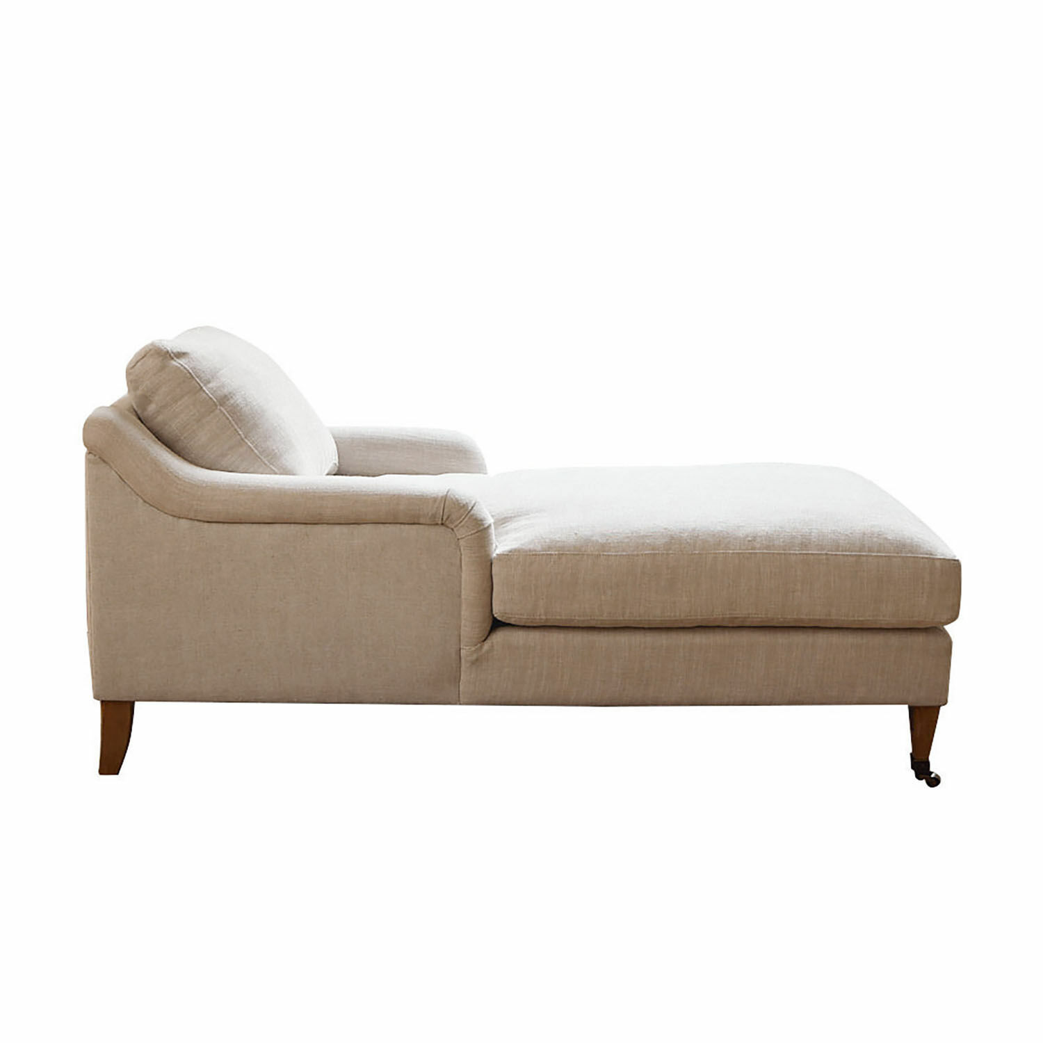 Beige Stoff-Chaiselongue mit Holzbeinen, komfortables Lounge-Möbel für Wohnzimmer