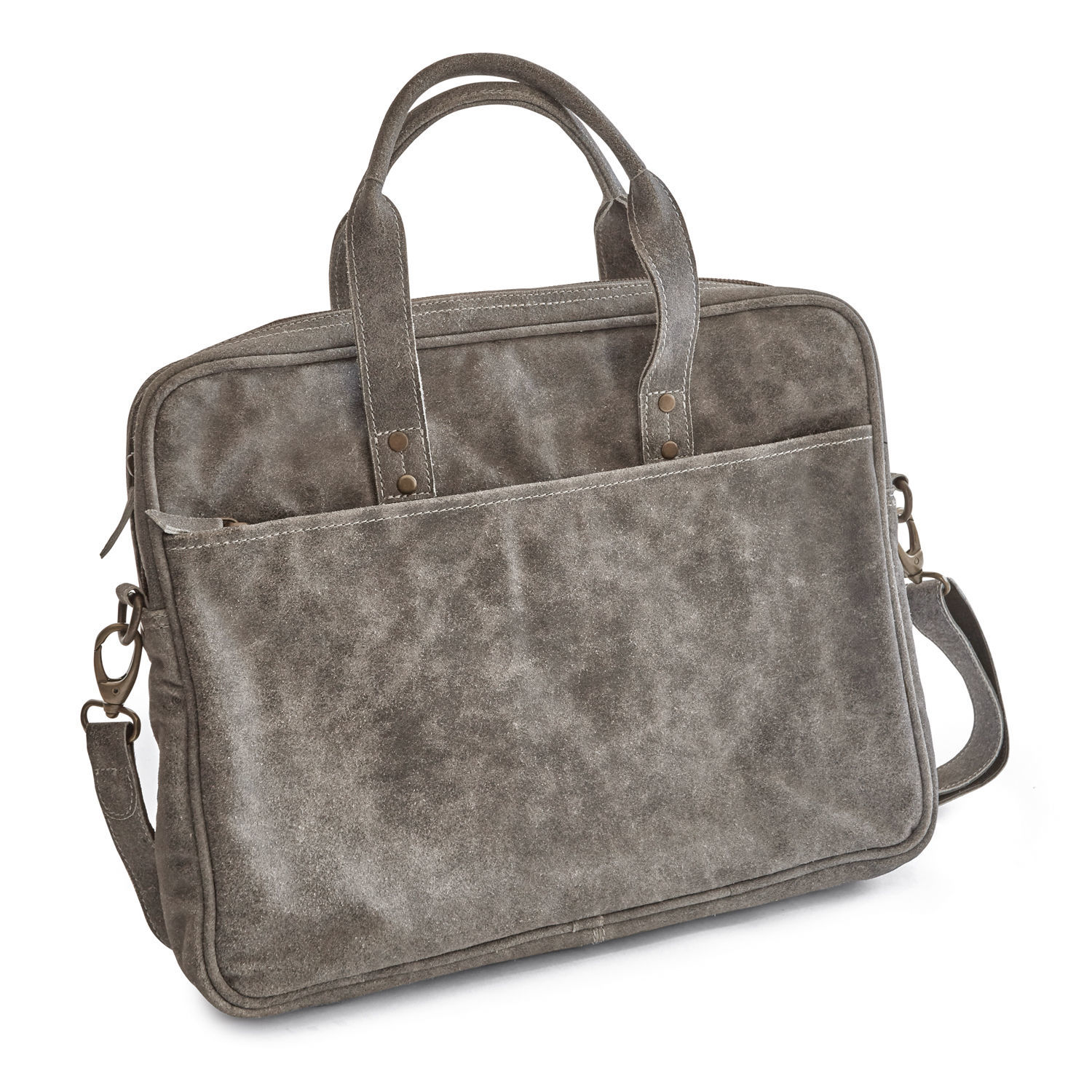 Graue Umhängetasche aus Wildleder mit Griffen und Schultergurt, praktische Laptoptasche