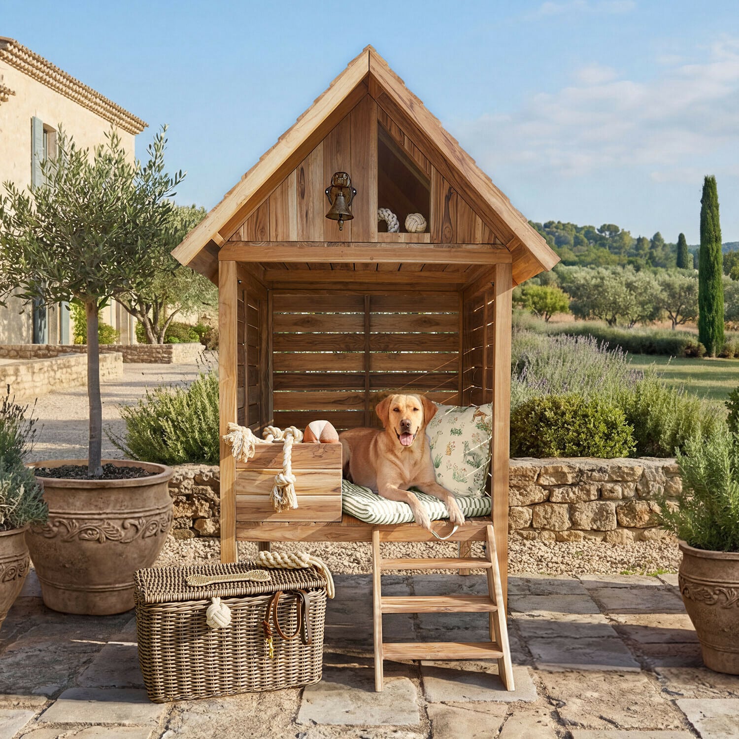 Hundehütte Frevina Holz-Hundehütte mit Kissen und Spielzeug, beiger Hund liegt auf Terrasse im Garten