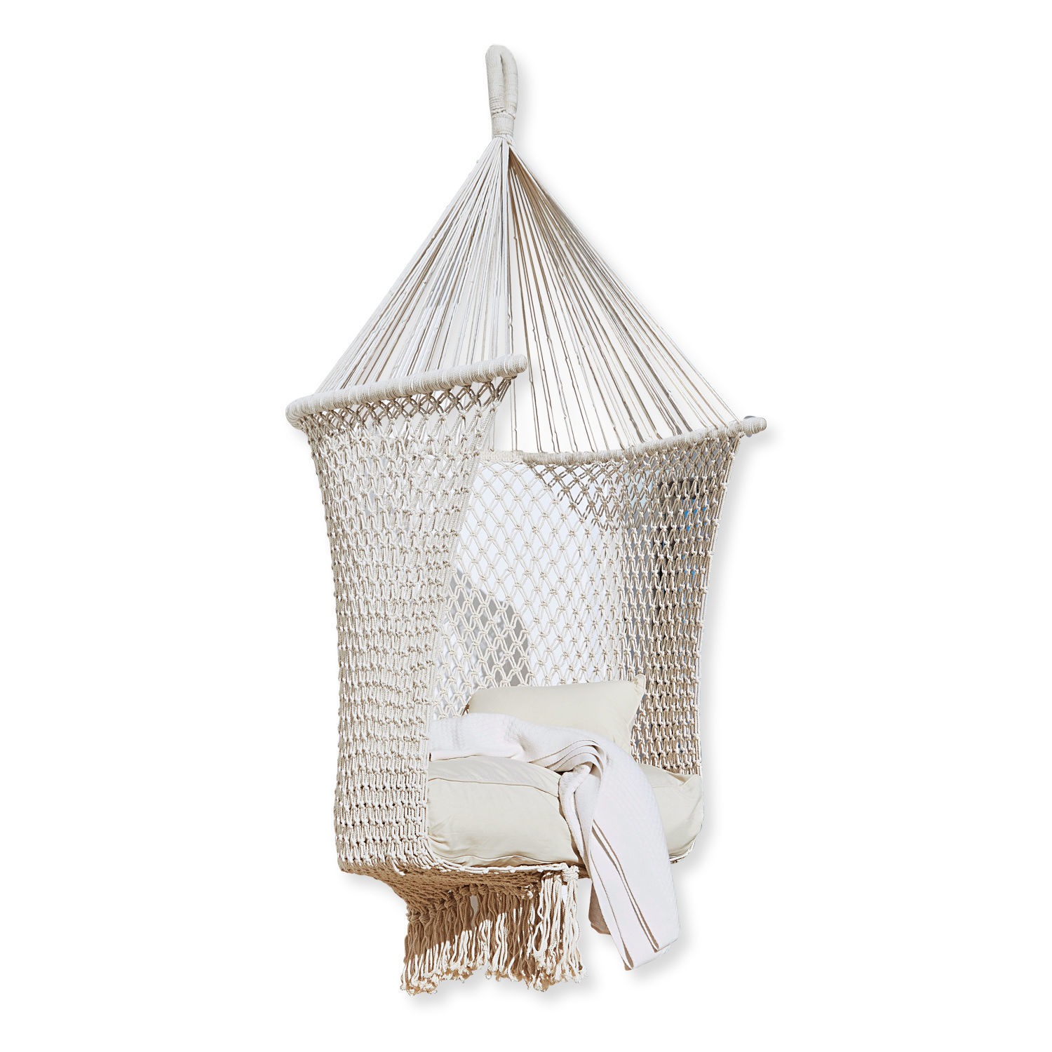 Hängesessel Raffaelle Beiger Hängesessel aus Baumwollnetz mit Kissen und Decke, gemütlich für Innen- und Außenbereich