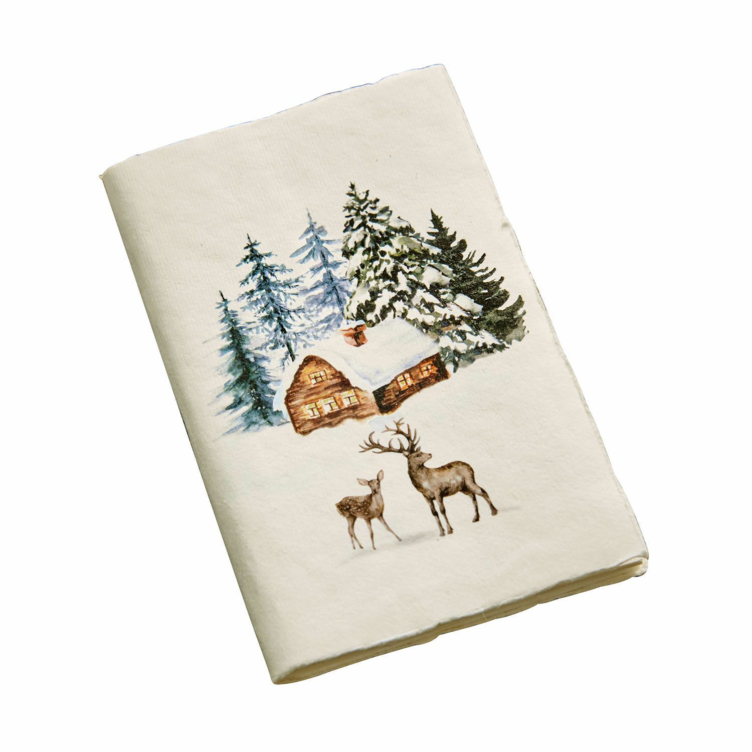 Notizbuch Lorandis Weißes Baumwoll-Geschirrtuch mit Wintermotiv Hütte und Hirsche, festliche Küchendekoration