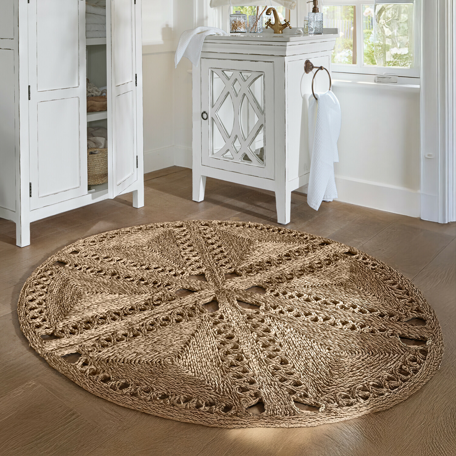Teppich Penwicks Runder Teppich aus natürlichem Tauwerk in Beige mit dekorativem Muster, für Wohnzimmer oder Bad
