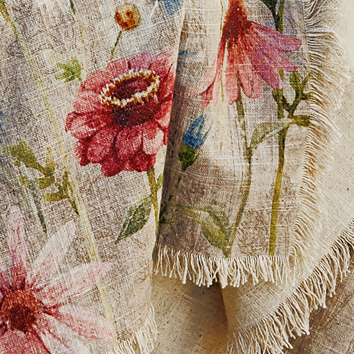 Leinen-Tischdecke in Creme mit buntem Blumenmuster und Fransen, dekorativer Tischbezug