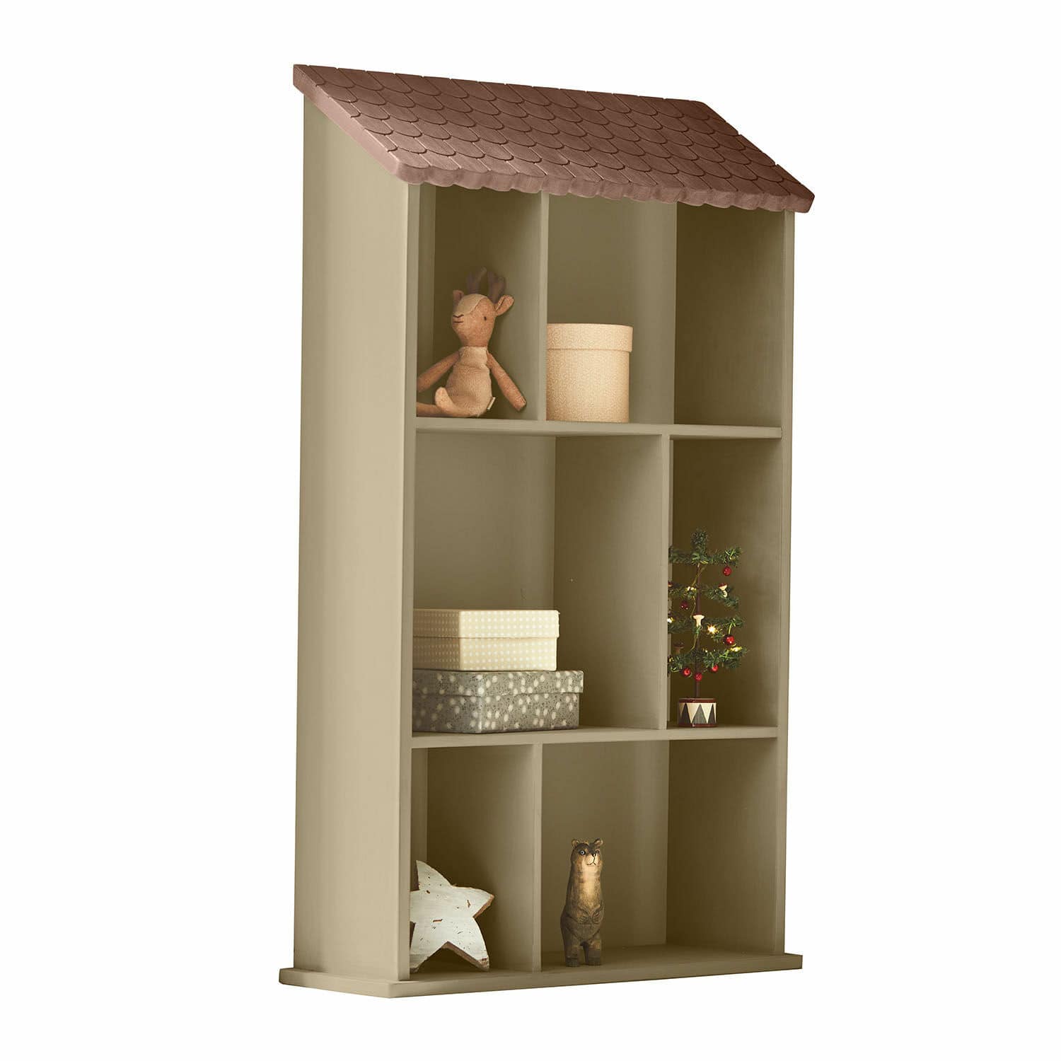 Wandregal Zerith Beige Holzregal in Hausform mit braunem Dach und weihnachtlicher Dekoration