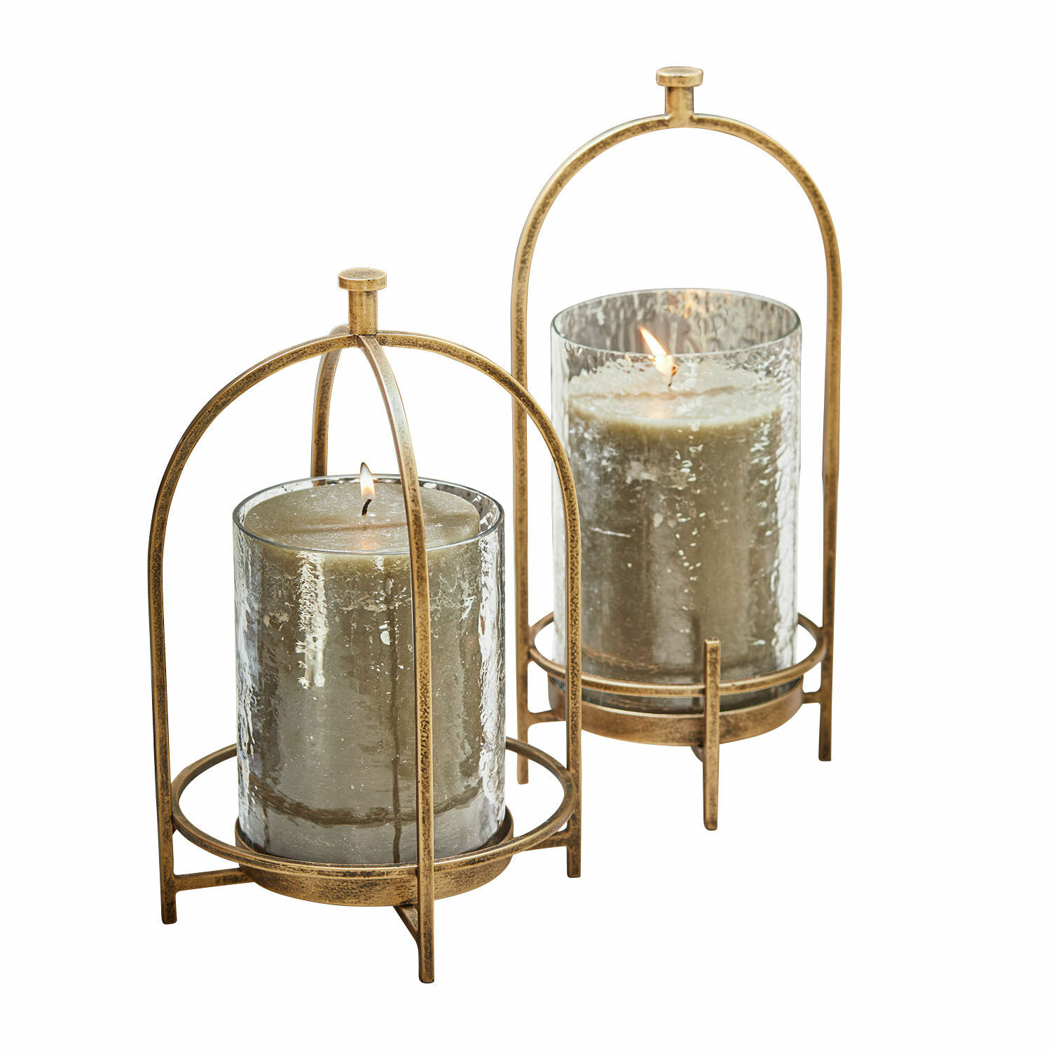 Windlicht 2er Set Biserre Set aus zwei Metall-Kerzenhaltern in Antikgold mit grauen Kerzen in strukturiertem Glas
