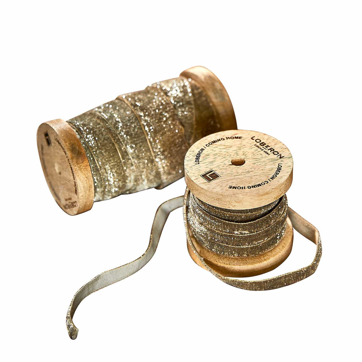 Samtband 2er Set Risorio Holzspule mit glitzerndem goldfarbenem Dekoband zum Basteln und Geschenkverpacken