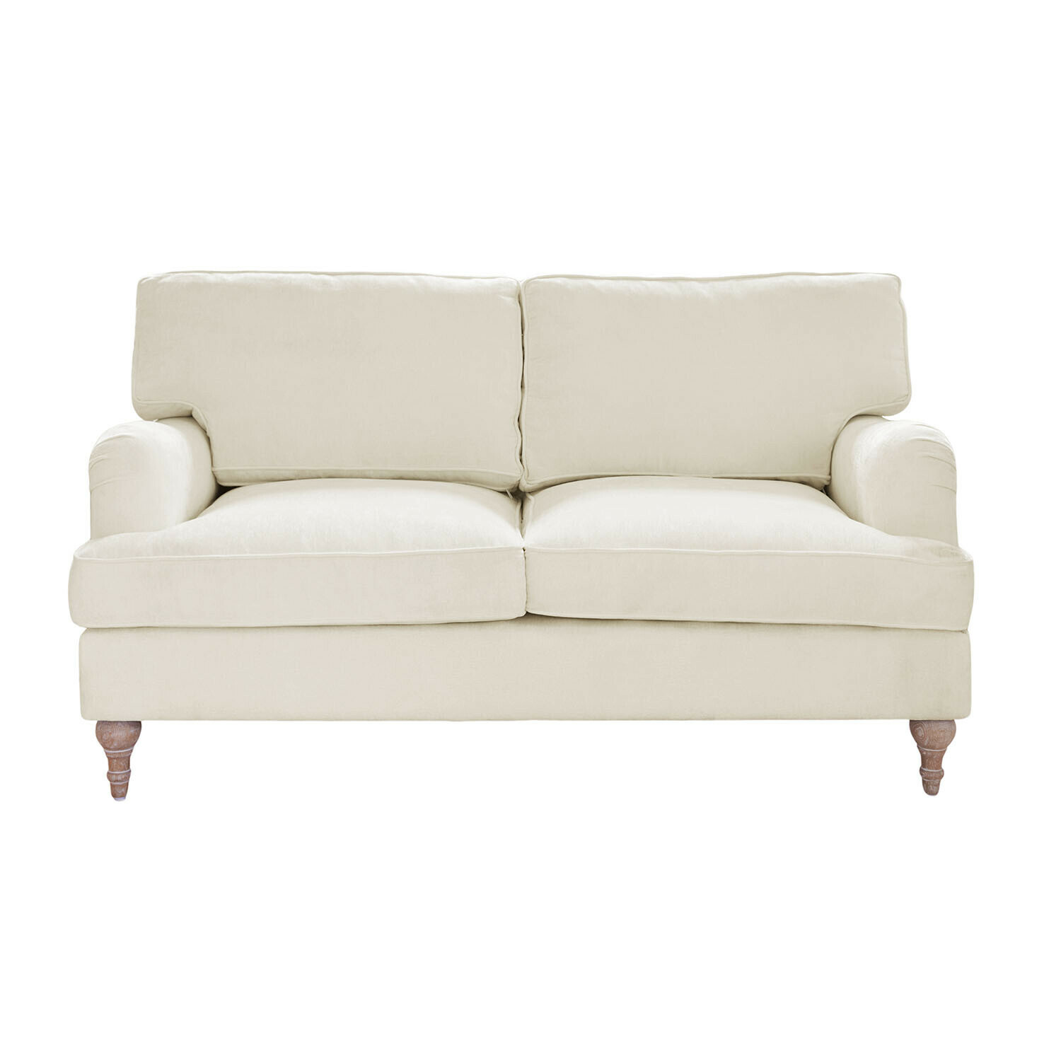 Sofa Elvika in Creme aus weichem Stoff mit Holzbeinen, bequemes Wohnzimmermöbel