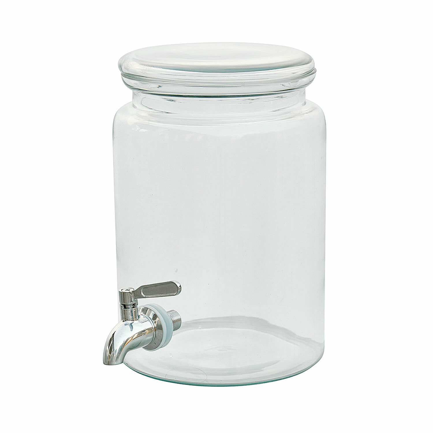 Transparenter Glas-Getränkespender mit Metallhahn zum Ausgießen von Wasser und Säften