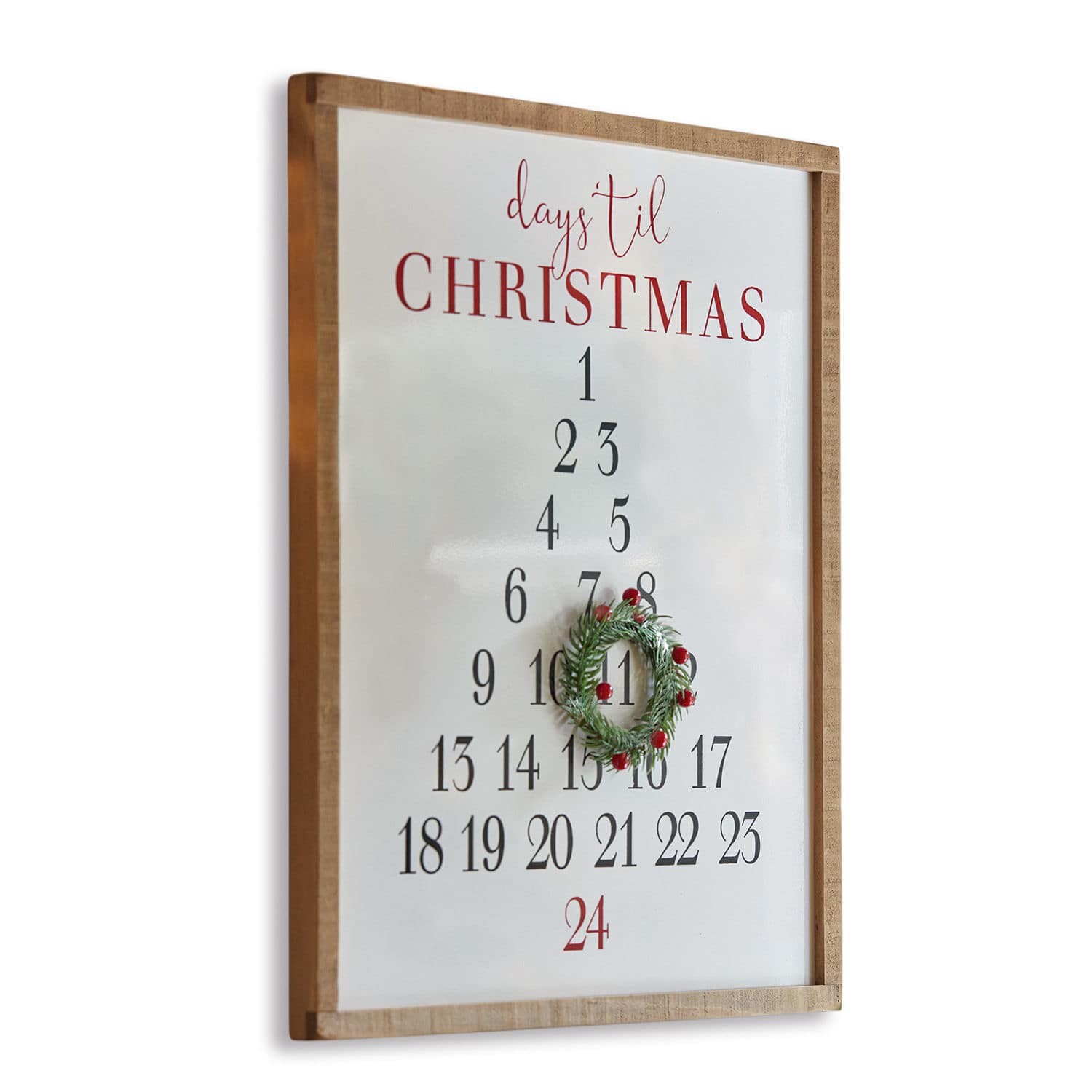 Dekoboard Lagunes Holzrahmen mit Adventskalender an der Wand mit Zahlen und dekorativem Weihnachtskranz