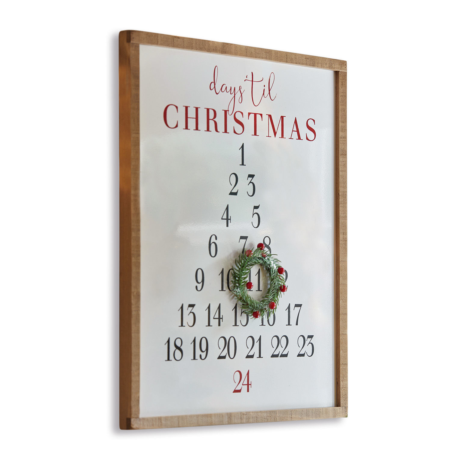 Dekoboard Lagunes Holzrahmen mit Adventskalender an der Wand mit Zahlen und dekorativem Weihnachtskranz