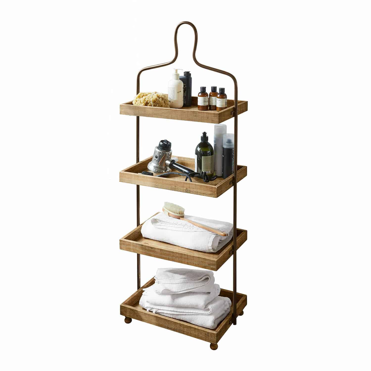 Etagere Lasse aus braunem Holz und schwarzem Metall mit Handtüchern und Badutensilien