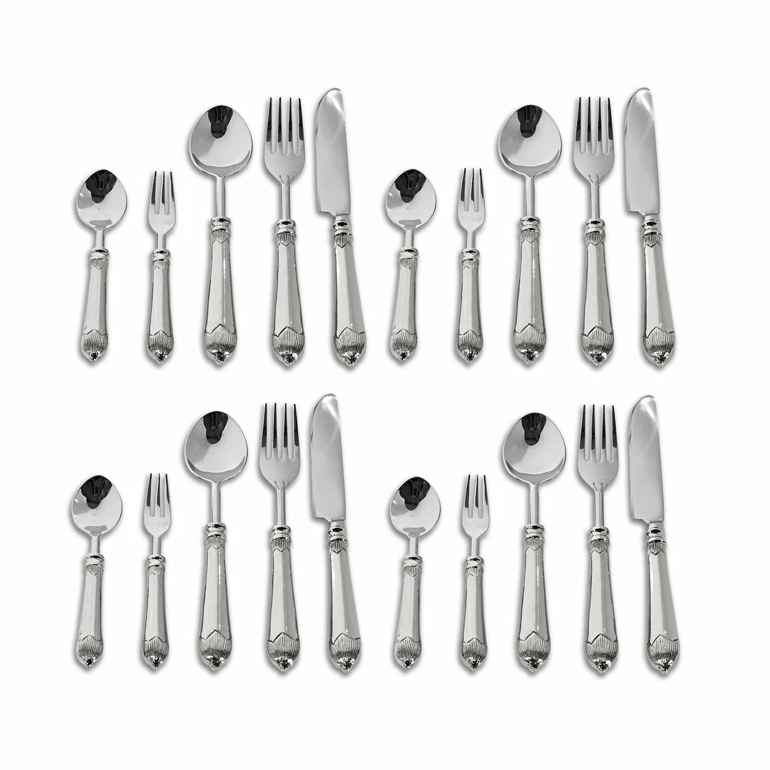 Besteck Gasharba Set aus silberfarbenem Edelstahlbesteck mit verzierten Griffen für einen eleganten Tisch.