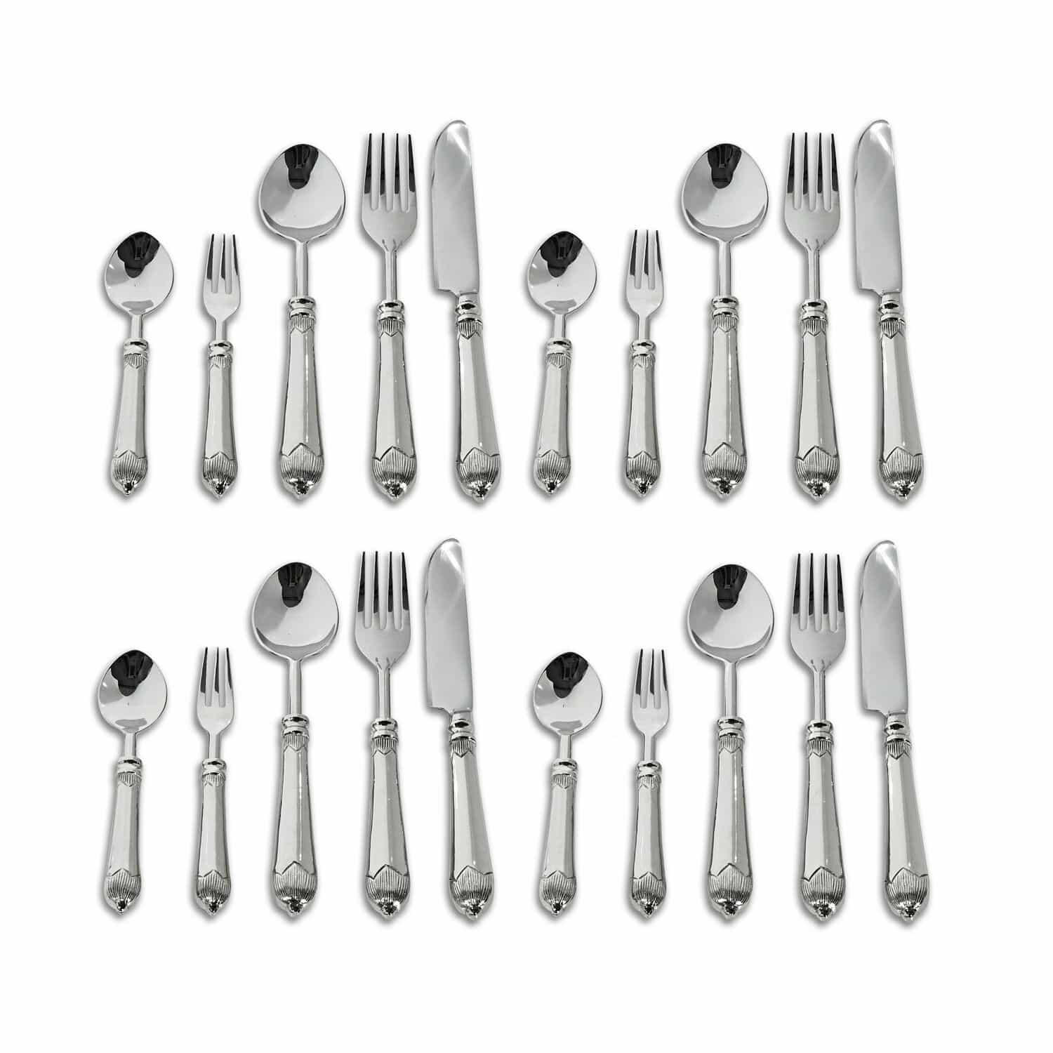 Besteck Gasharba Set aus silberfarbenem Edelstahlbesteck mit verzierten Griffen für einen eleganten Tisch.