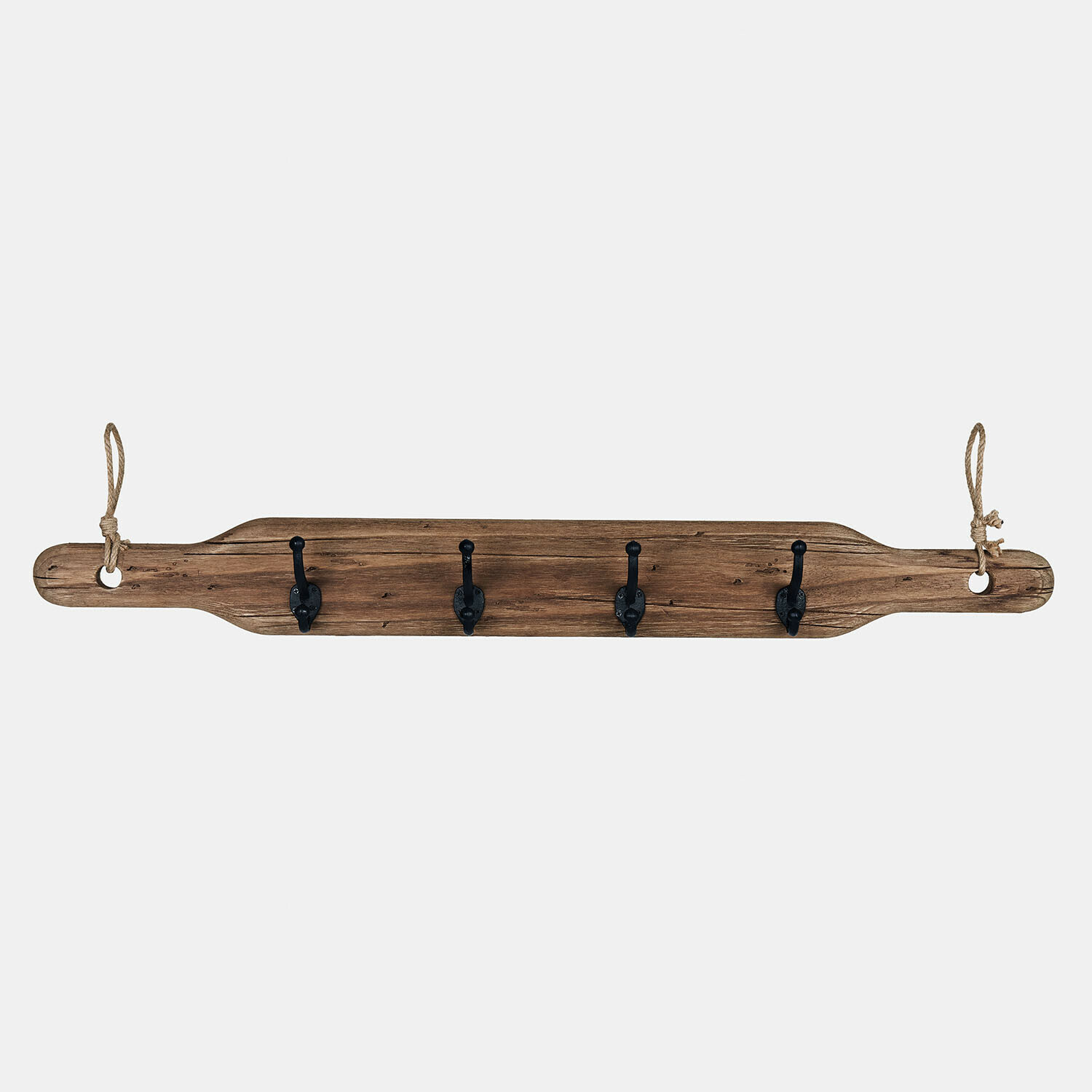 Hakenleiste Havsberg Rustikaler Wandhaken aus Holz mit vier schwarzen Metallhaken und Aufhängeschnur