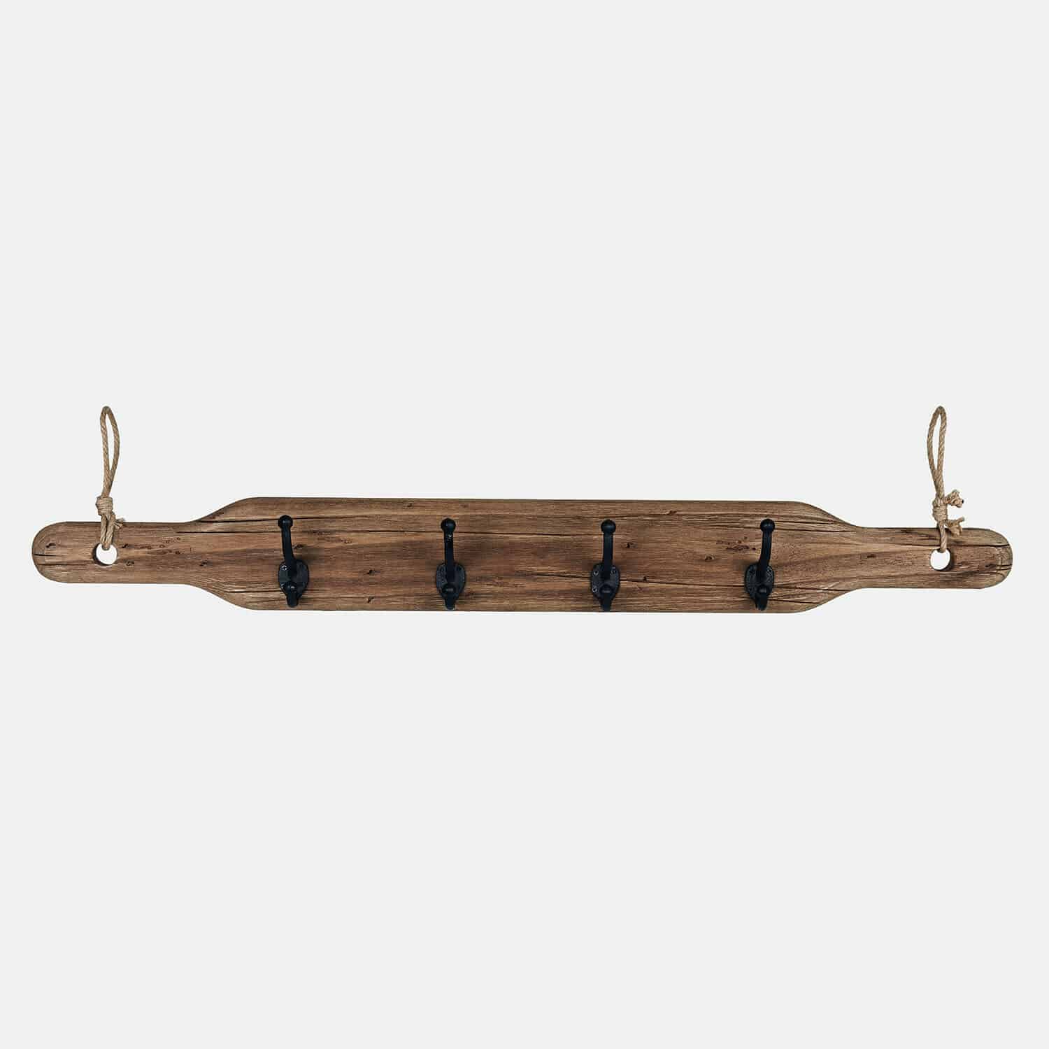 Hakenleiste Havsberg Rustikaler Wandhaken aus Holz mit vier schwarzen Metallhaken und Aufhängeschnur