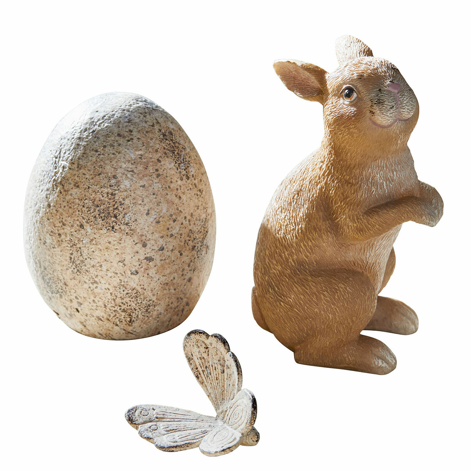 Dekorationsset mit Hase, Ei und Schmetterling aus Kunststoff in natürlichen Beigetönen für Zuhause