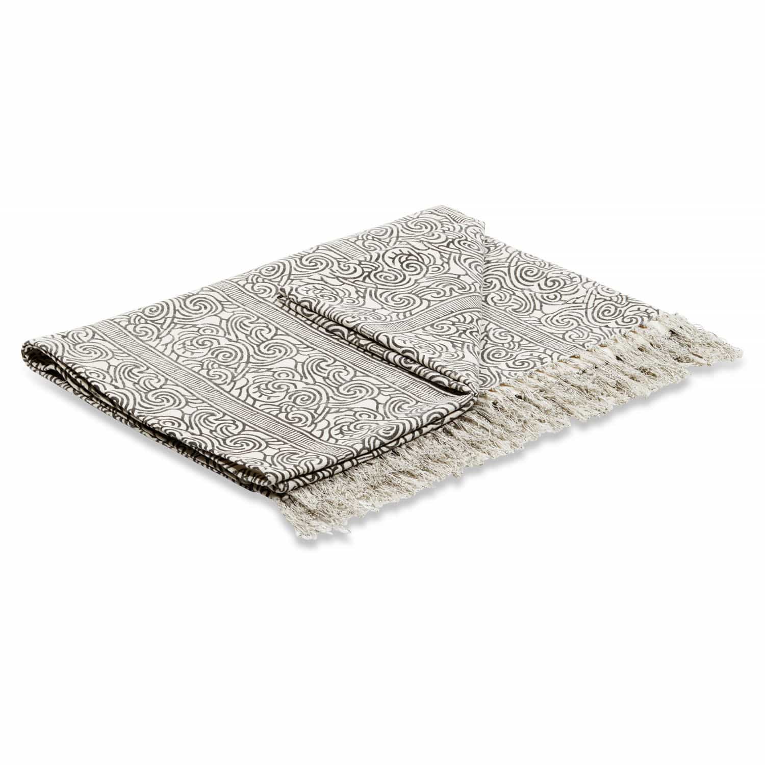 Plaid Ensis Baumwoll-Decke in Weiß mit schwarzem Muster und Fransen, dekorativer Wohntextil-Akzent