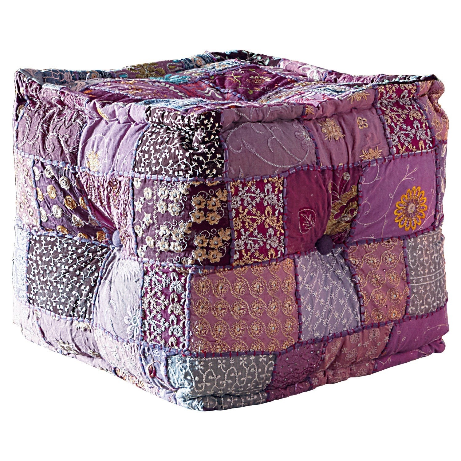 Quadratischer Patchwork-Pouf mit bestickten Mustern in Violett- und Rosatönen, dekoratives Möbel