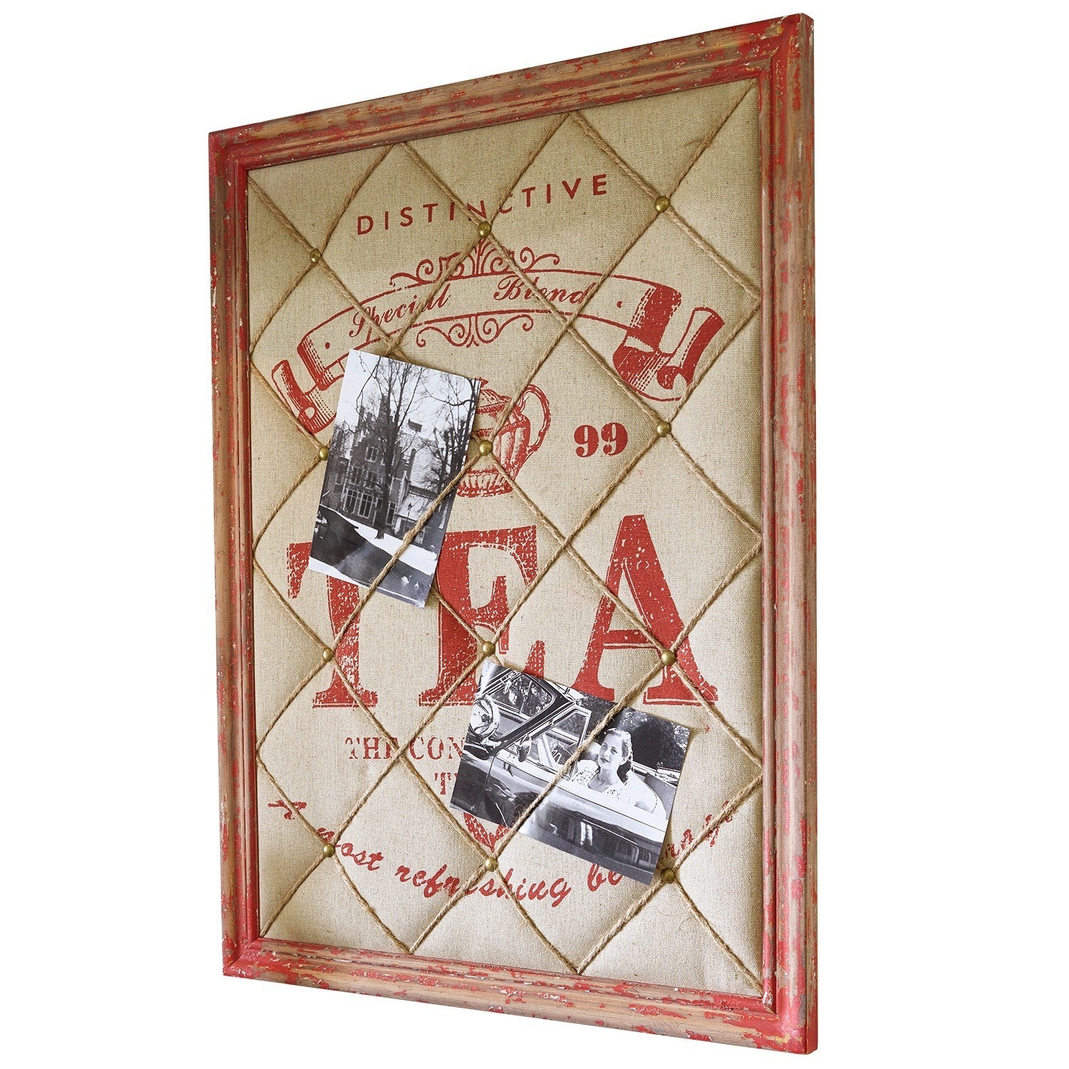 Memoboard mit rotem Holzrahmen und Leinenstoff mit TEA-Aufdruck zum Befestigen von Fotos