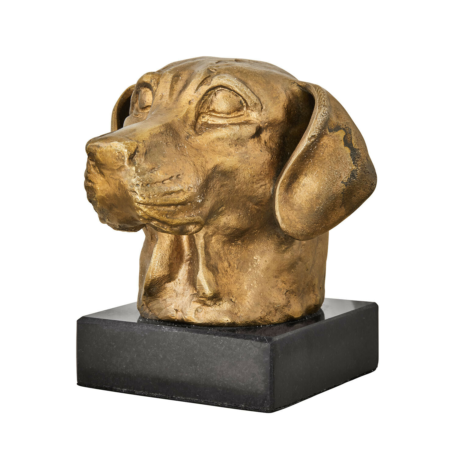 Goldene Hundekopf-Skulptur aus Metall auf schwarzem Marmorsockel, Wohnaccessoire