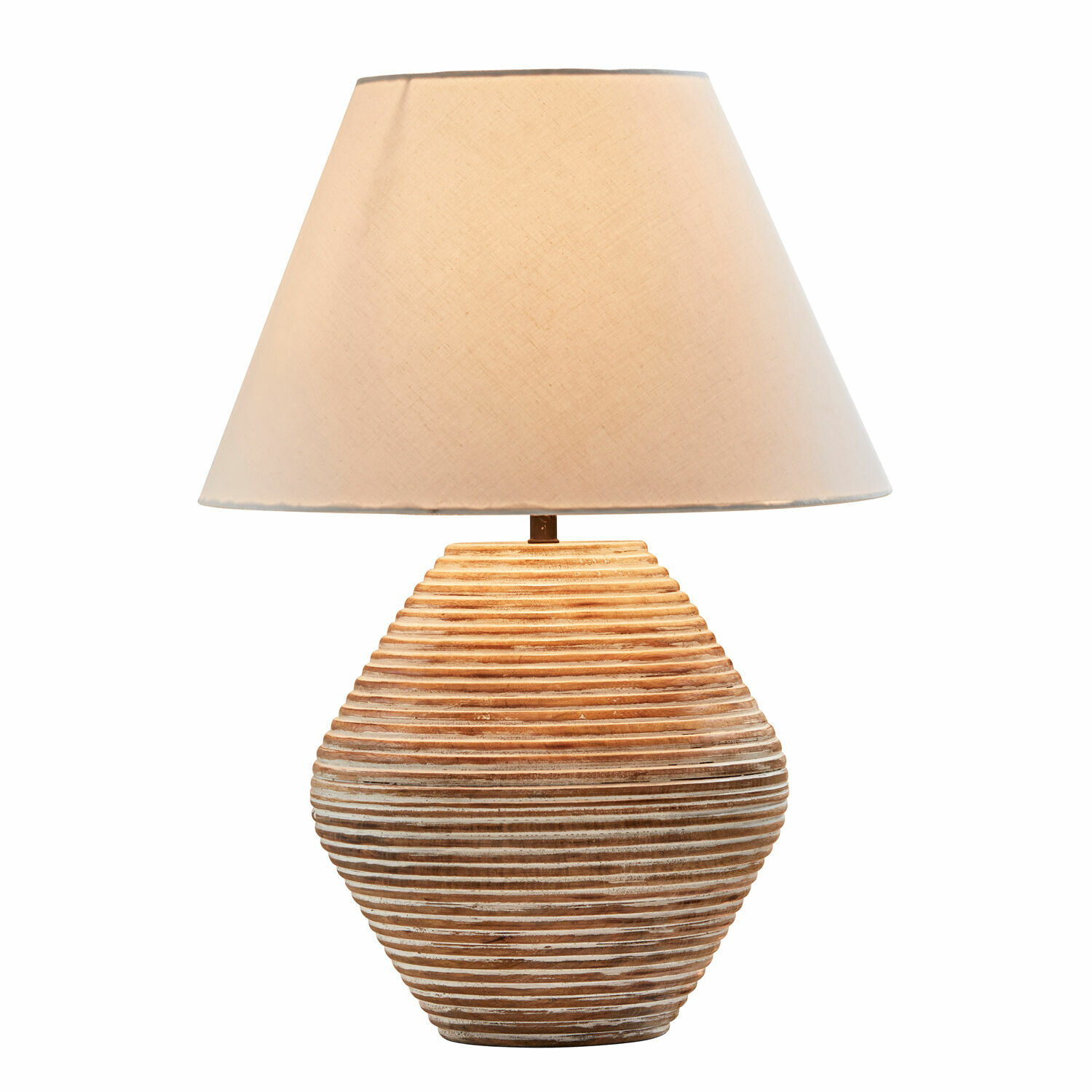Tischlampe Landelin Tischlampe mit beigem Lampenschirm und braun-weiß gestreifter Keramikbasis