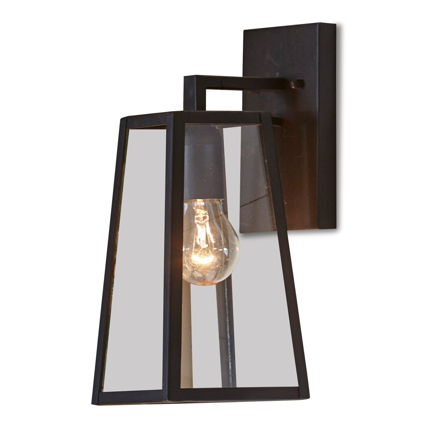 Schwarze Metall-Wandleuchte mit klarem Glas und sichtbarer Glühbirne im modernen Design