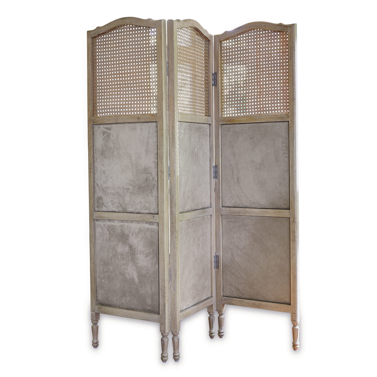 Dreiteiliger Paravent aus Holz und Rattan in Beige für Wohnraumgestaltung und Privatsphäre