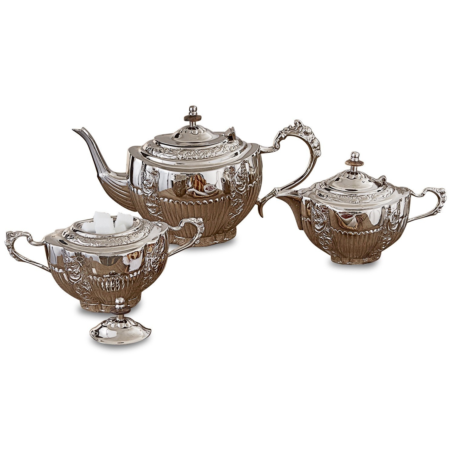 Tee-Set Ingliston Elegantes Tee-Set aus versilbertem Metall mit Kanne, Zuckerdose und Milchkännchen