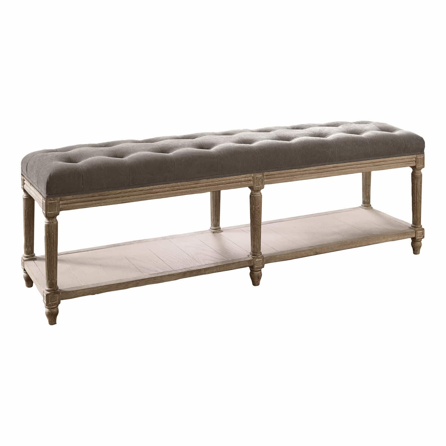 Bank Surcelles mit grauem, gepolstertem Sitz und antikbraunem Holzgestell im Vintage-Stil