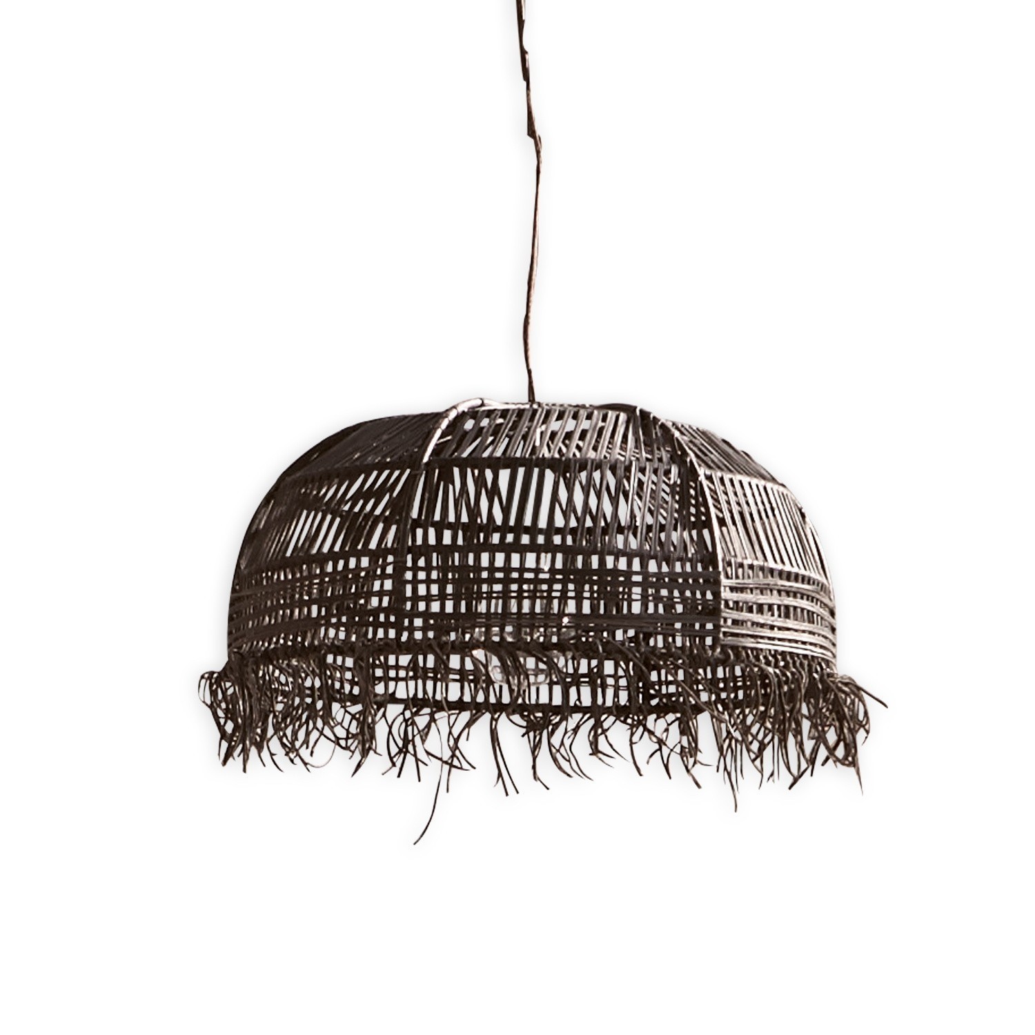 Hängelampe aus geflochtenem dunklem Rattan mit Fransen, Naturmaterial, dekorative Beleuchtung