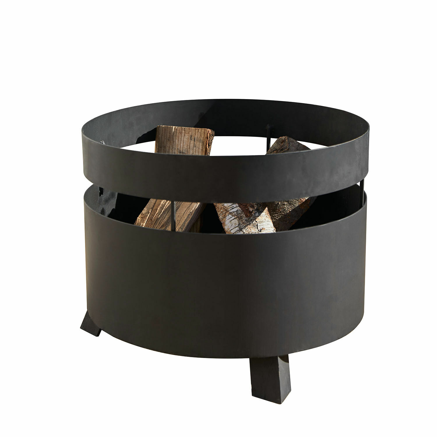 Rundes schwarzes Metall-Feuerkorb mit Holzscheiten, ideal für Garten und Terrasse